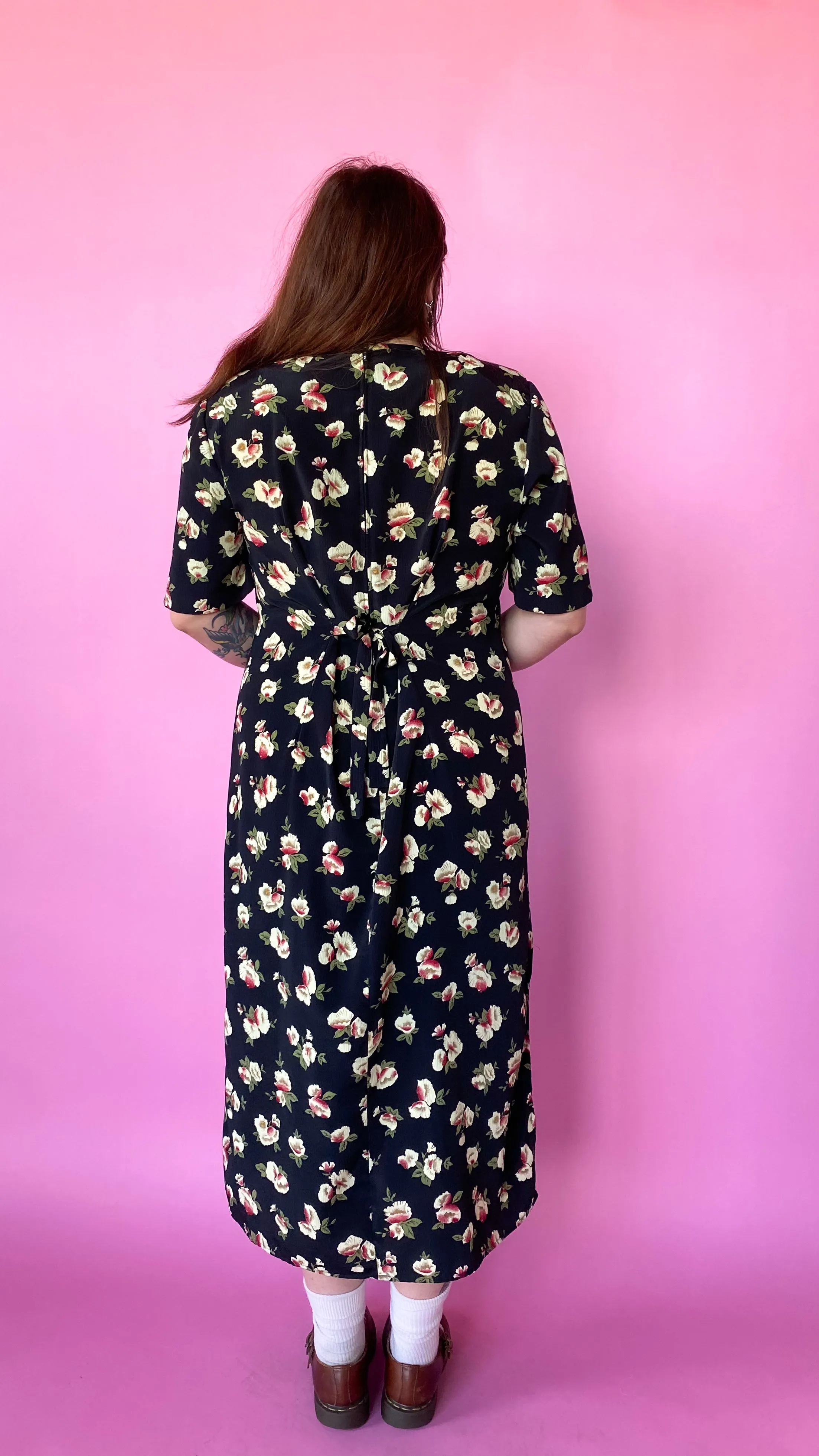 1980s Black Floral Print Dress, sz. 3X