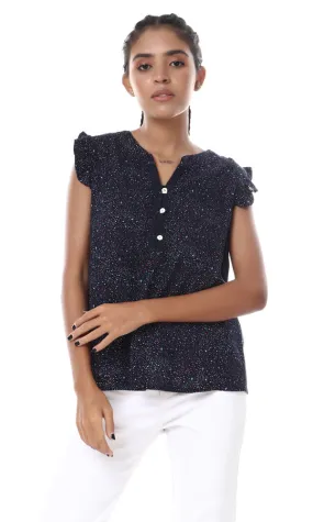 57098 Colorful Dots With Stars Buttoned Navy Blue Blouse