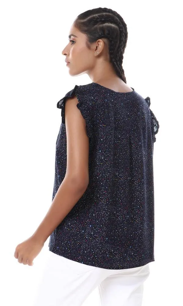 57098 Colorful Dots With Stars Buttoned Navy Blue Blouse