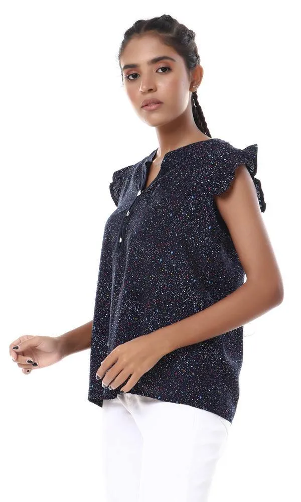 57098 Colorful Dots With Stars Buttoned Navy Blue Blouse