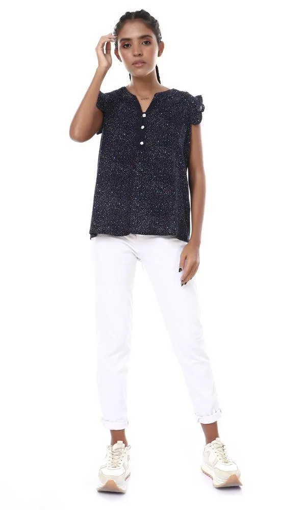 57098 Colorful Dots With Stars Buttoned Navy Blue Blouse