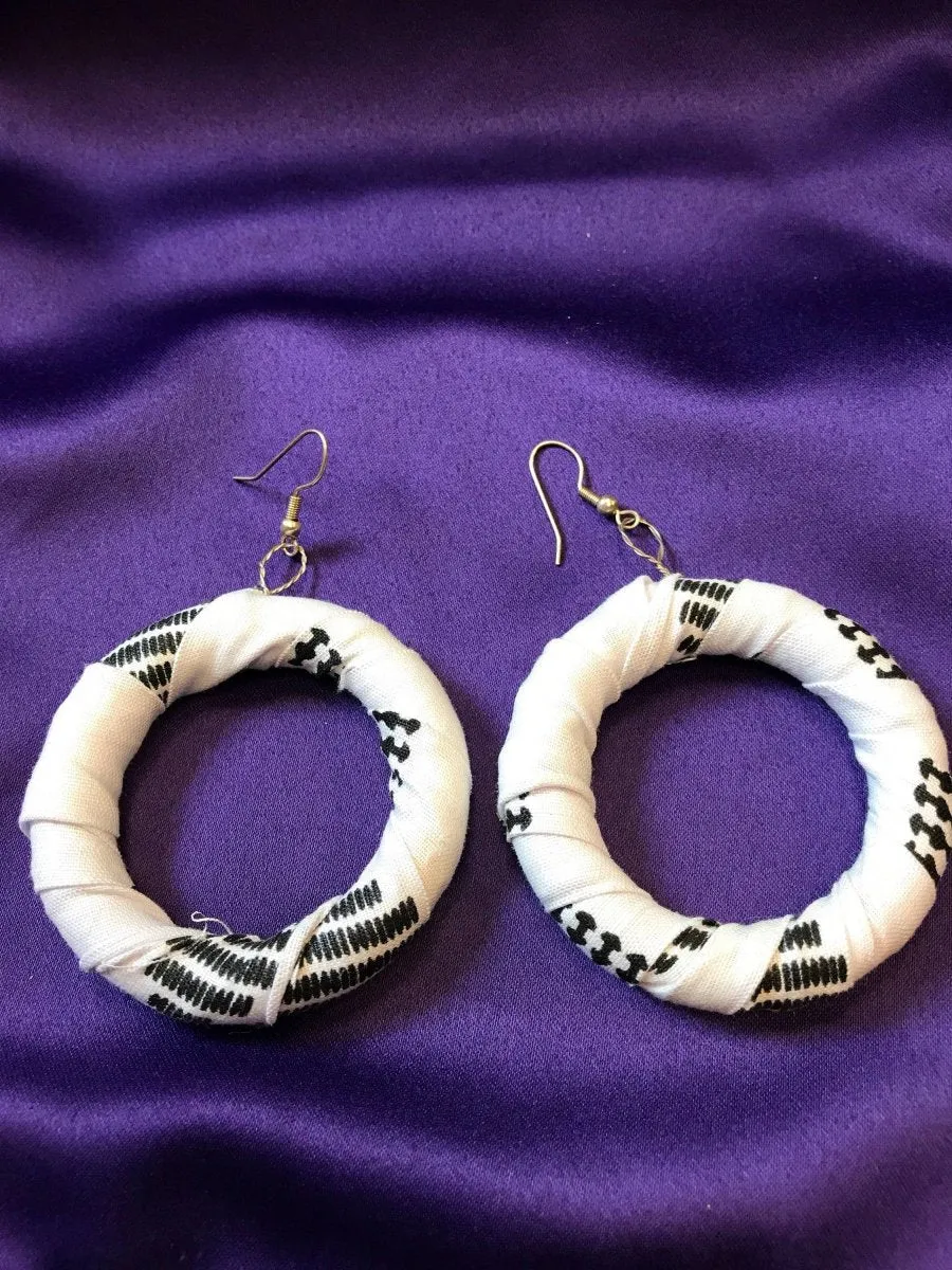 African Hoops in Black White Ankara Print - Up cycled Zero Waste Earrings