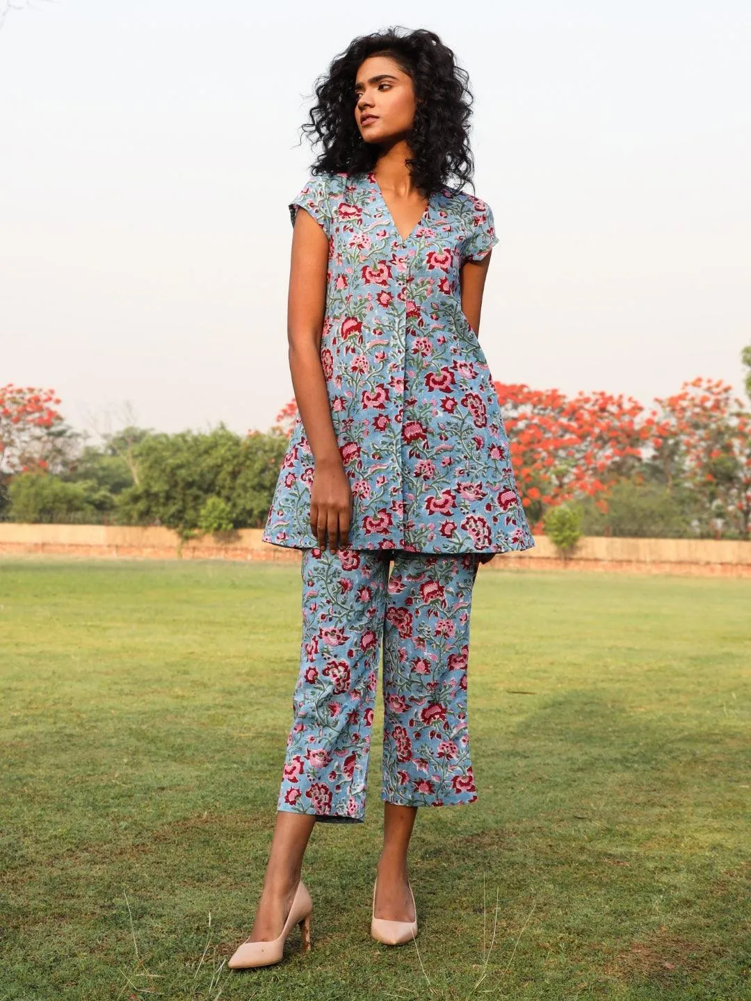 Baby Blue Cotton Block Print Front Slit Co-Ord Set