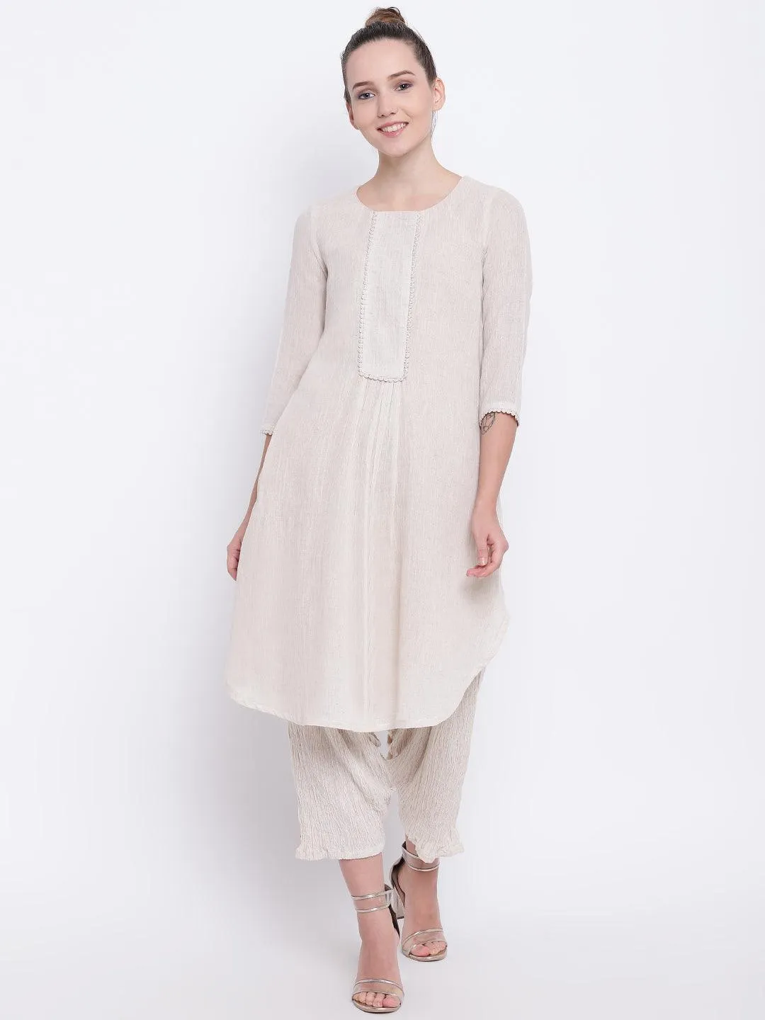 Beige Pure Cotton Lace Kurta