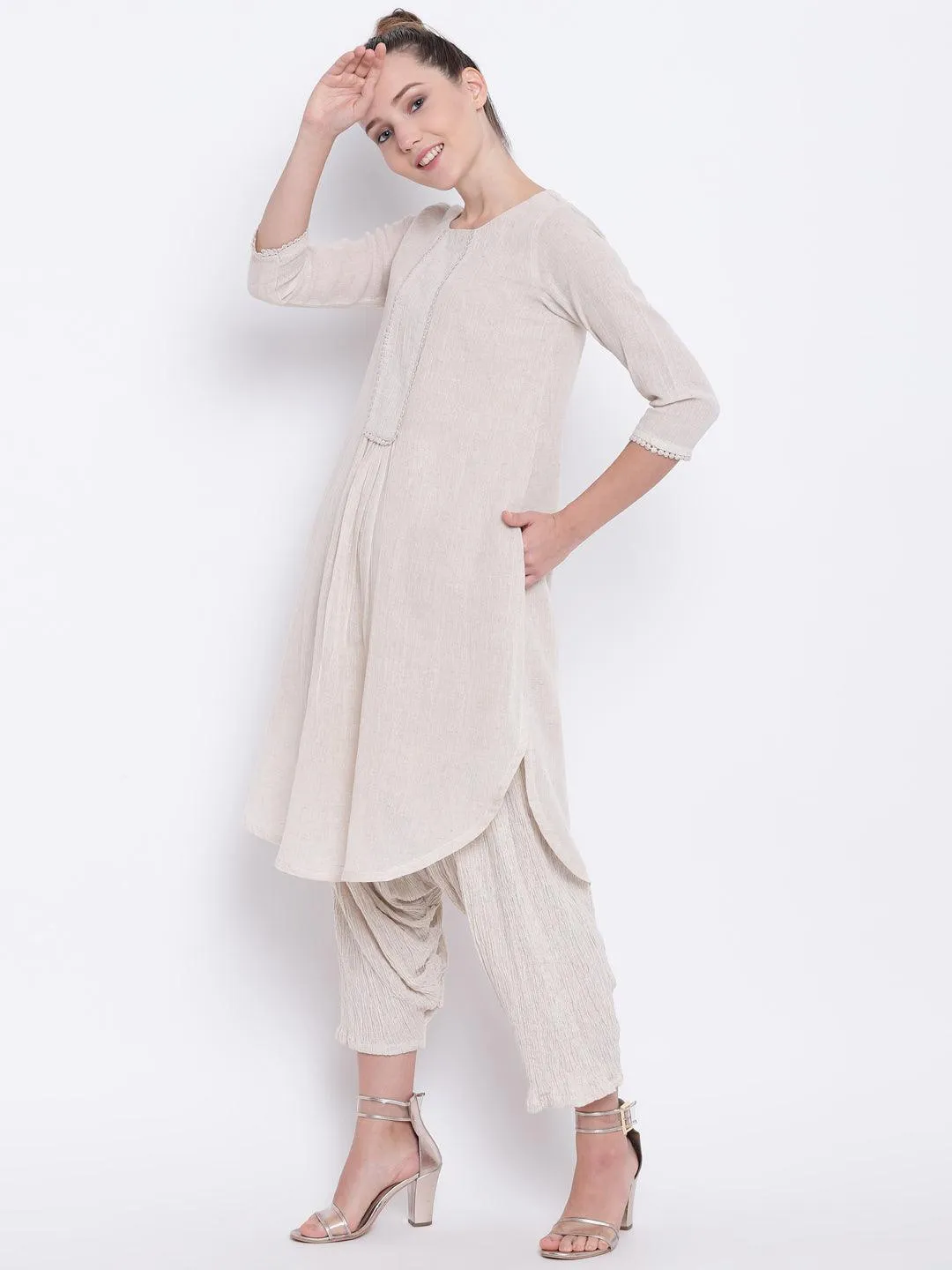 Beige Pure Cotton Lace Kurta