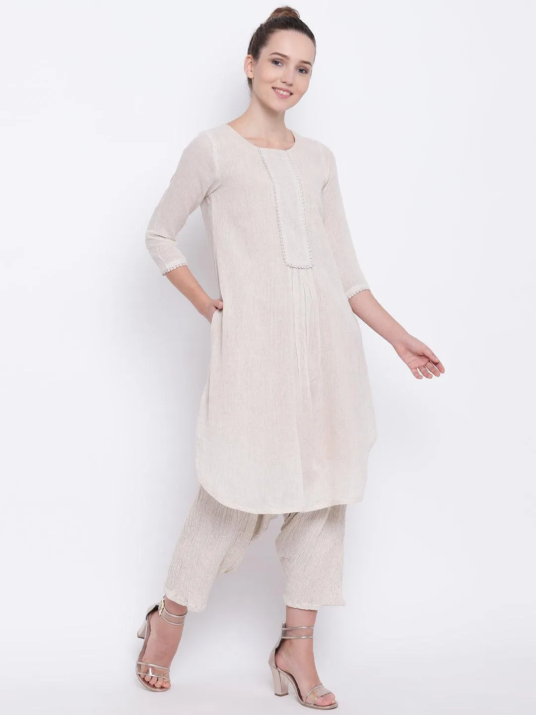 Beige Pure Cotton Lace Kurta