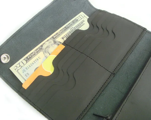 Black Leather Trifold Wallet with Chain Extra Long