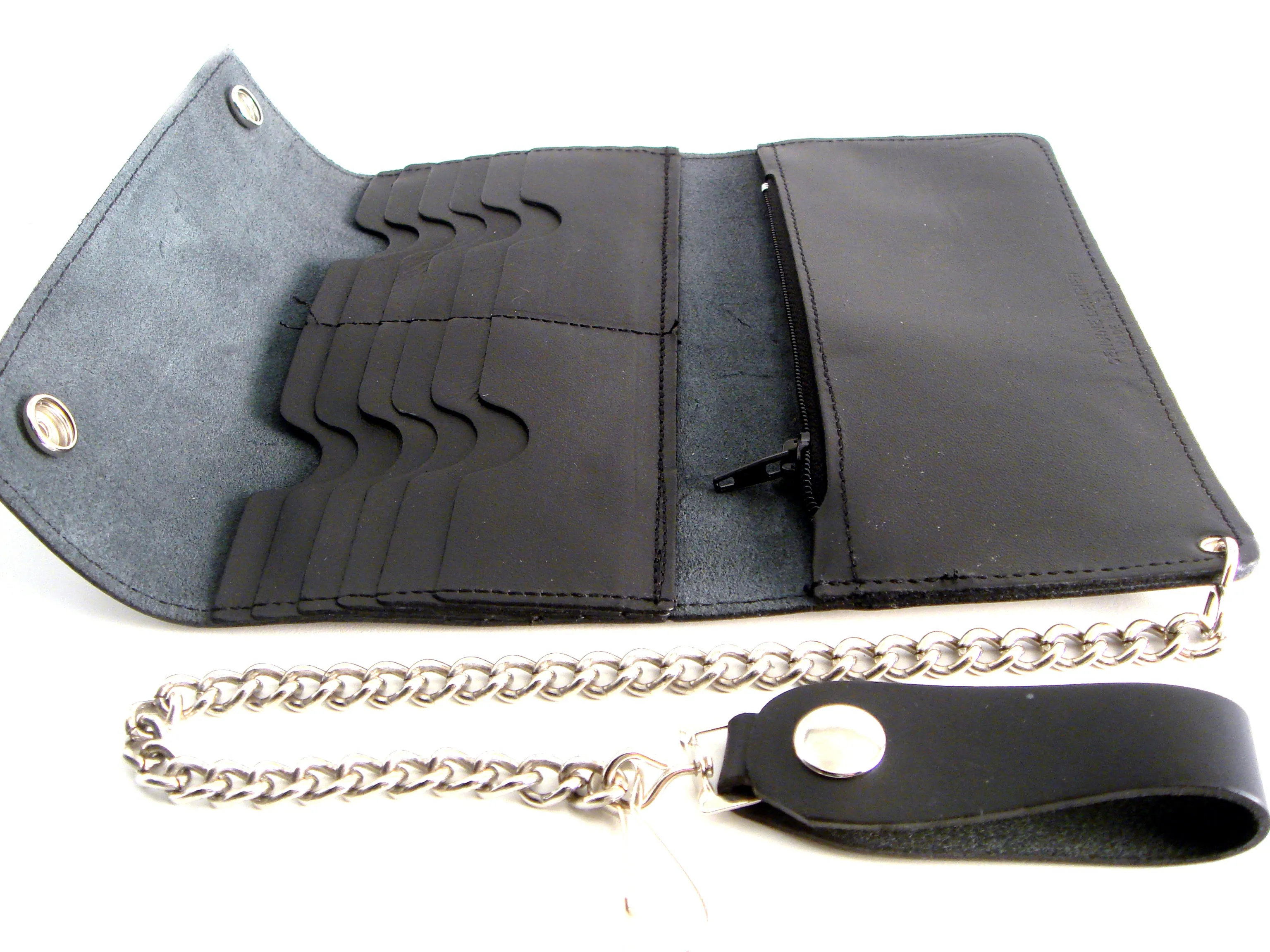 Black Leather Trifold Wallet with Chain Extra Long