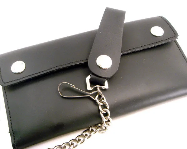 Black Leather Trifold Wallet with Chain Extra Long