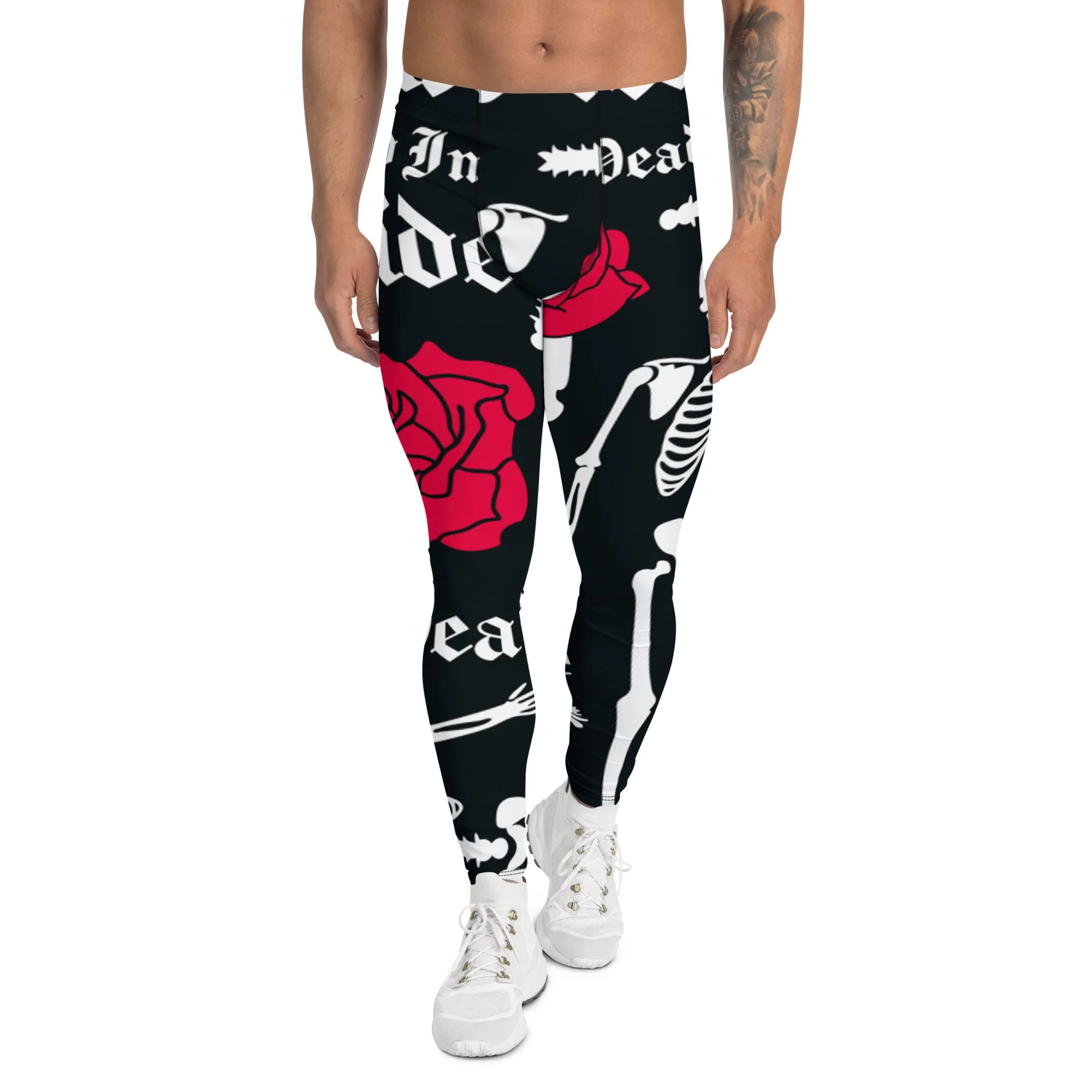 Black Skulls Romantic Men's Leggings, Rose Skull Leggings, Skull Leggings Men - Made in USA/EU/MX