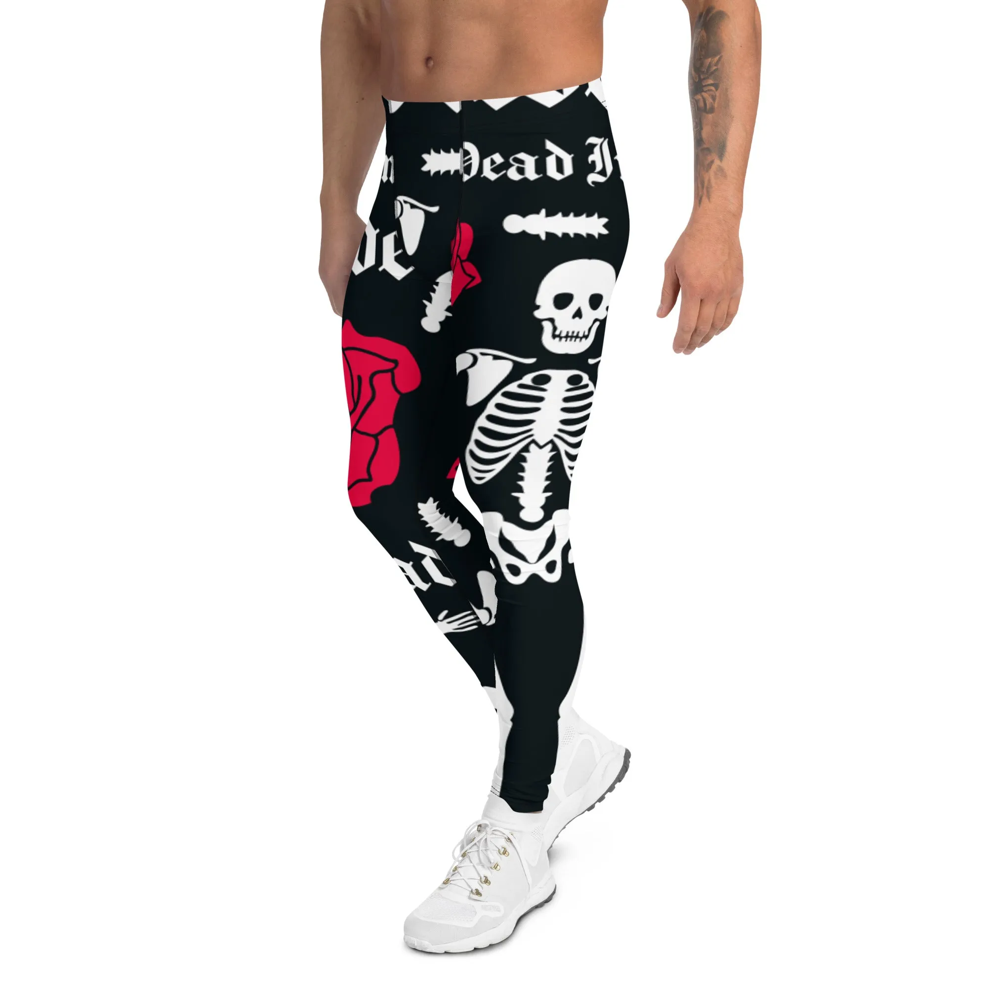 Black Skulls Romantic Men's Leggings, Rose Skull Leggings, Skull Leggings Men - Made in USA/EU/MX