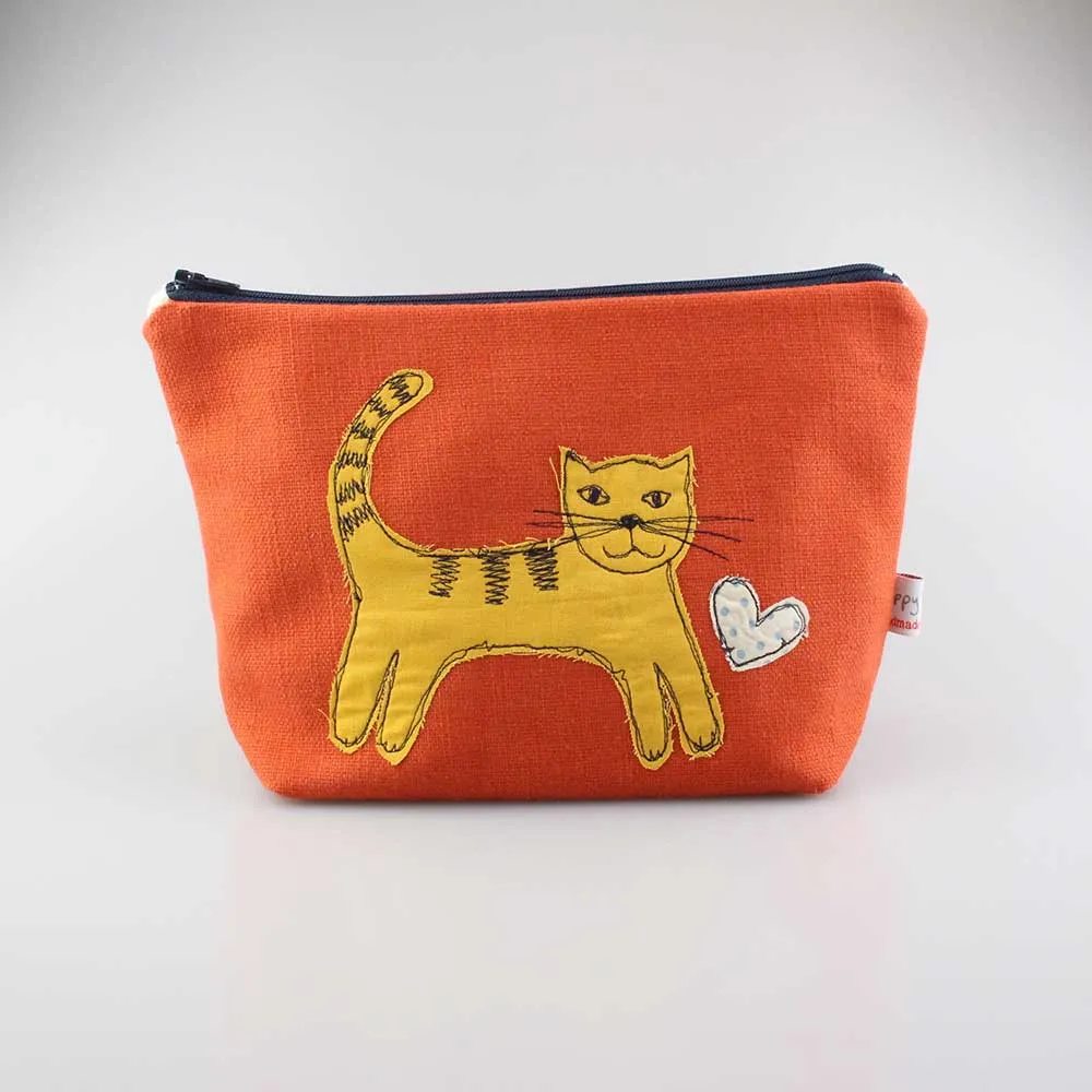 cat - embroidered make up bag