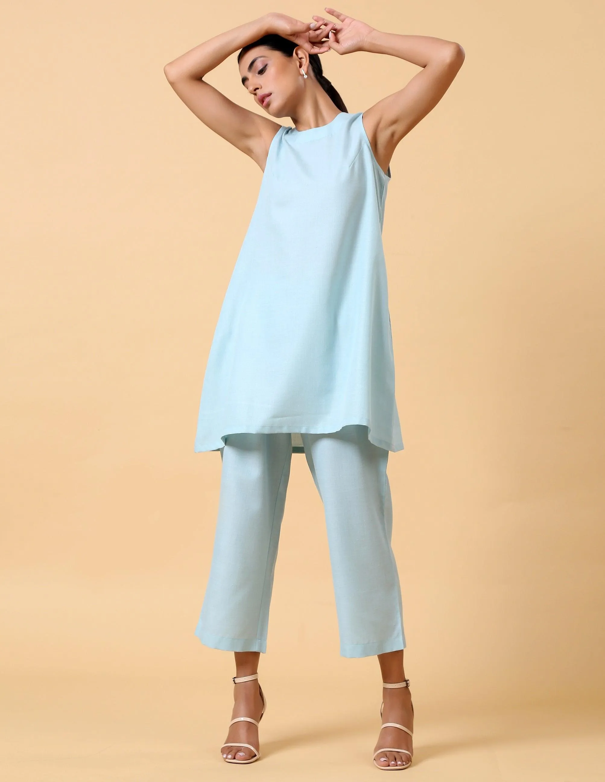 Cotton Linen Light Blue Sleeveless Co-Ord Set