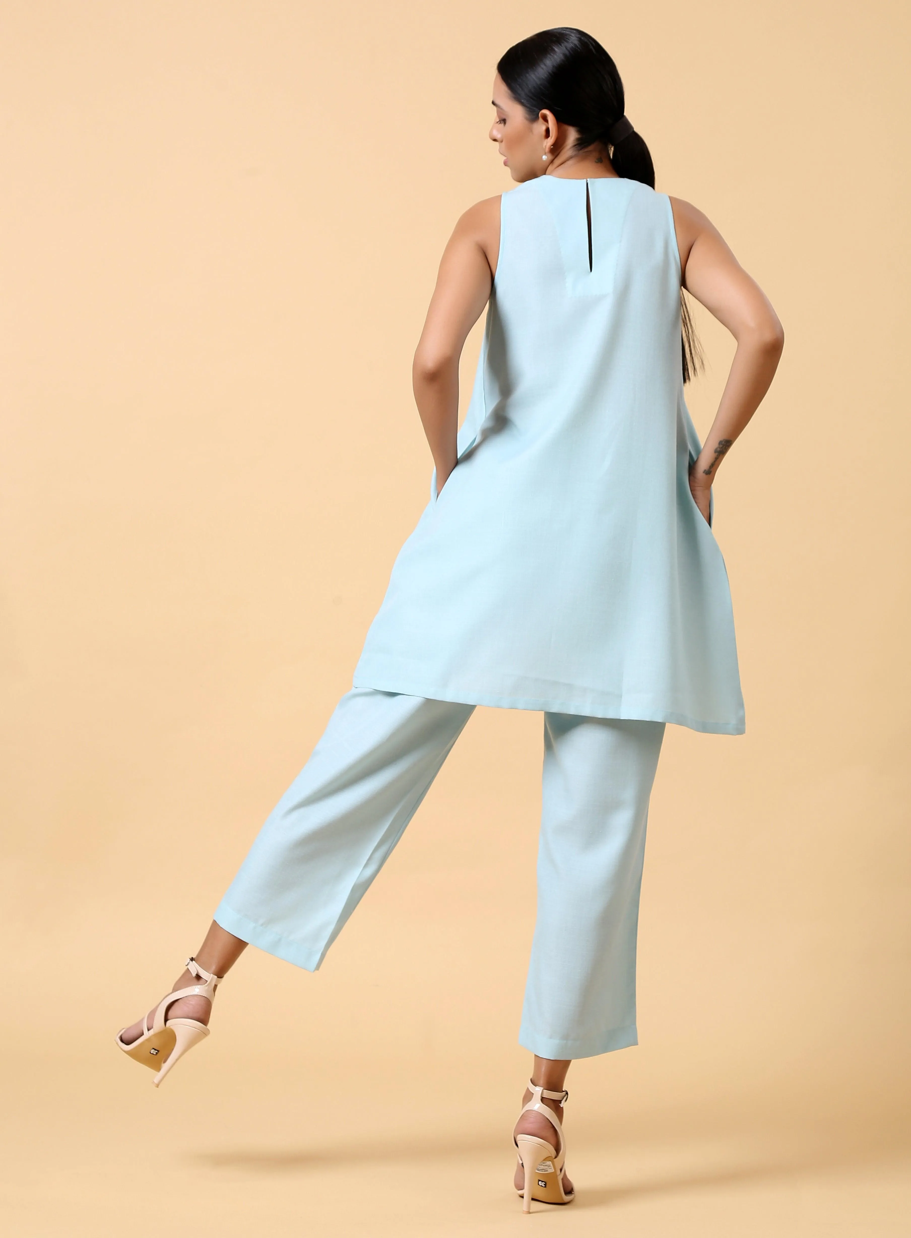 Cotton Linen Light Blue Sleeveless Co-Ord Set