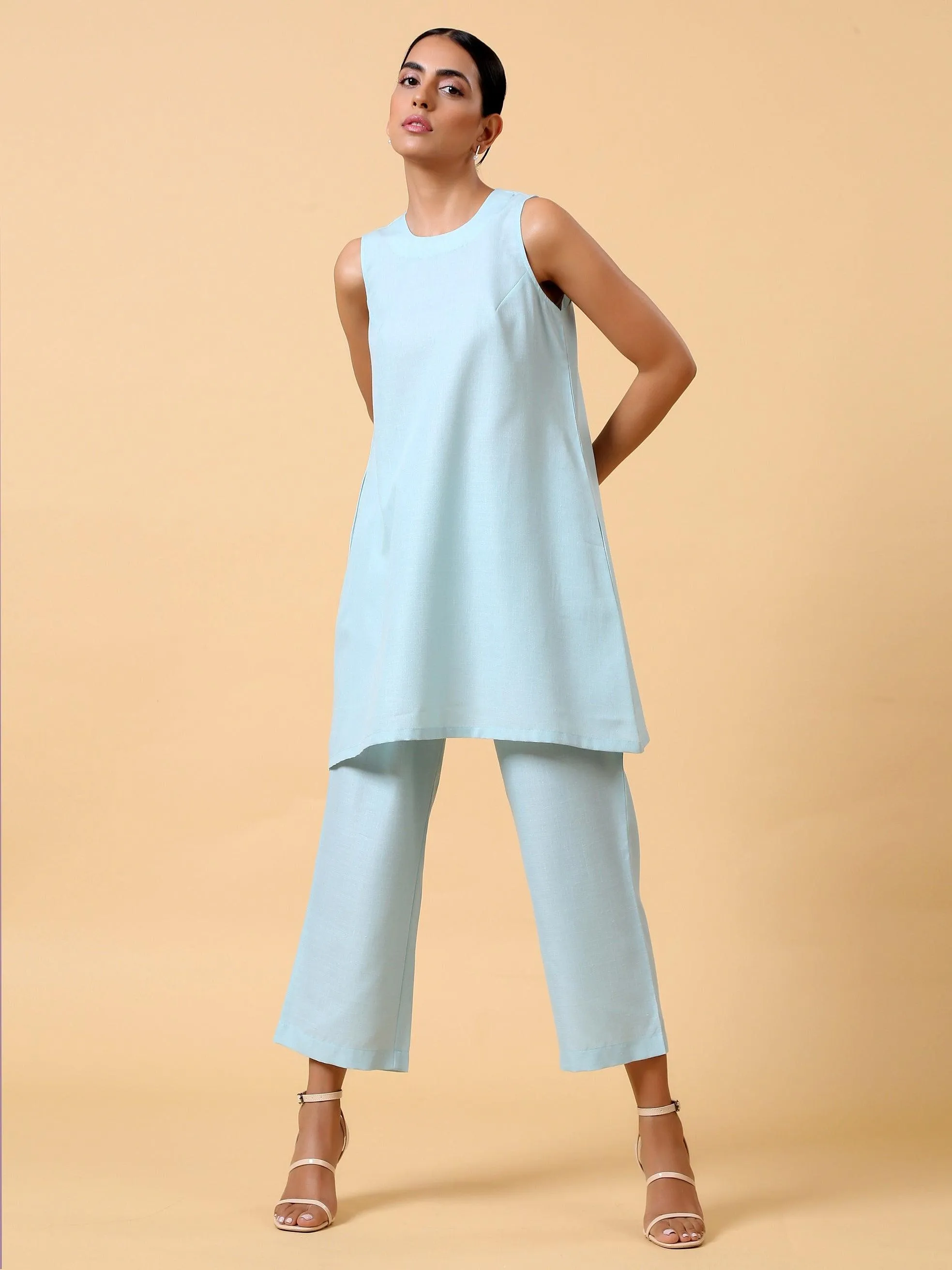 Cotton Linen Light Blue Sleeveless Co-Ord Set