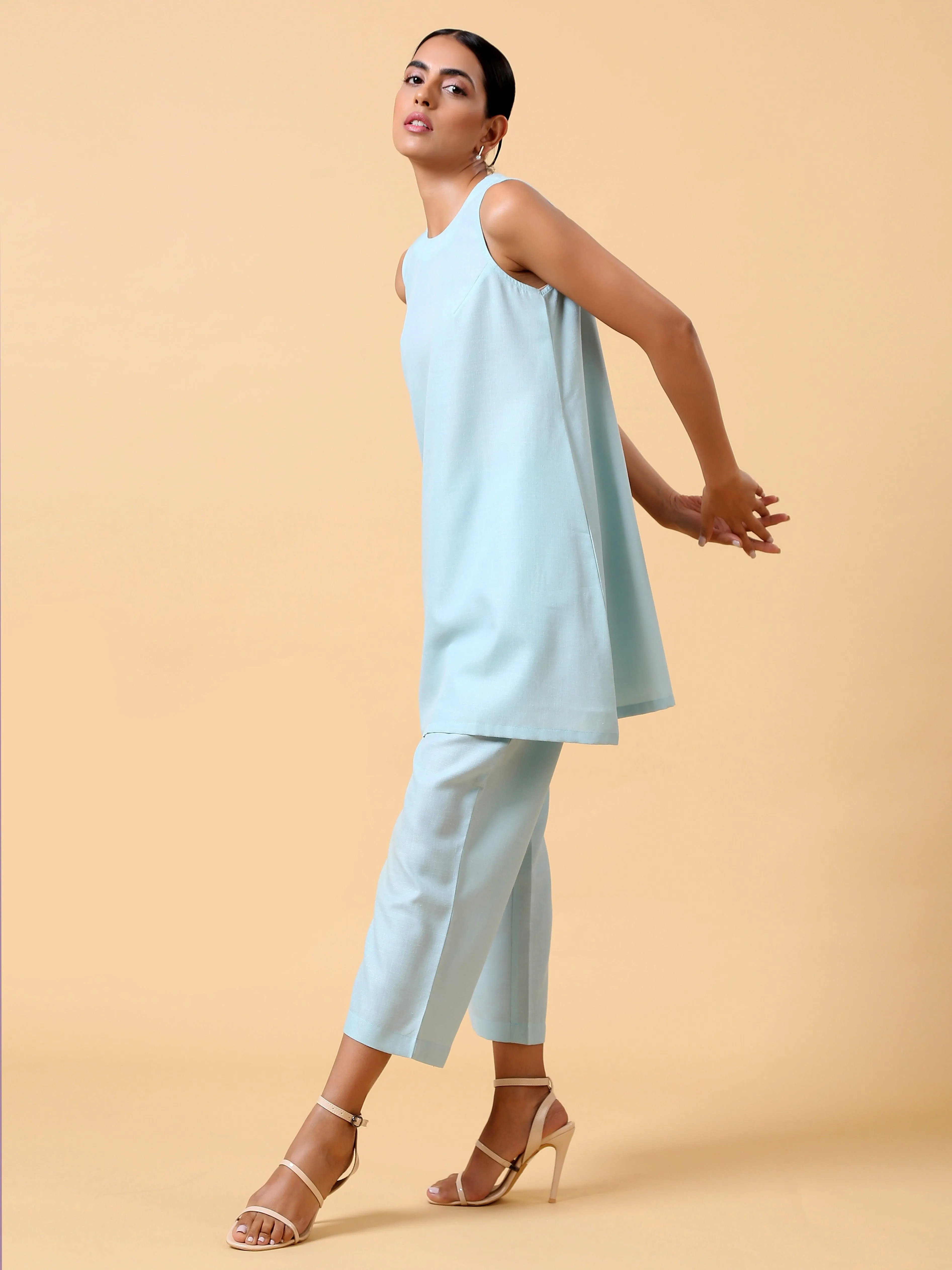 Cotton Linen Light Blue Sleeveless Co-Ord Set