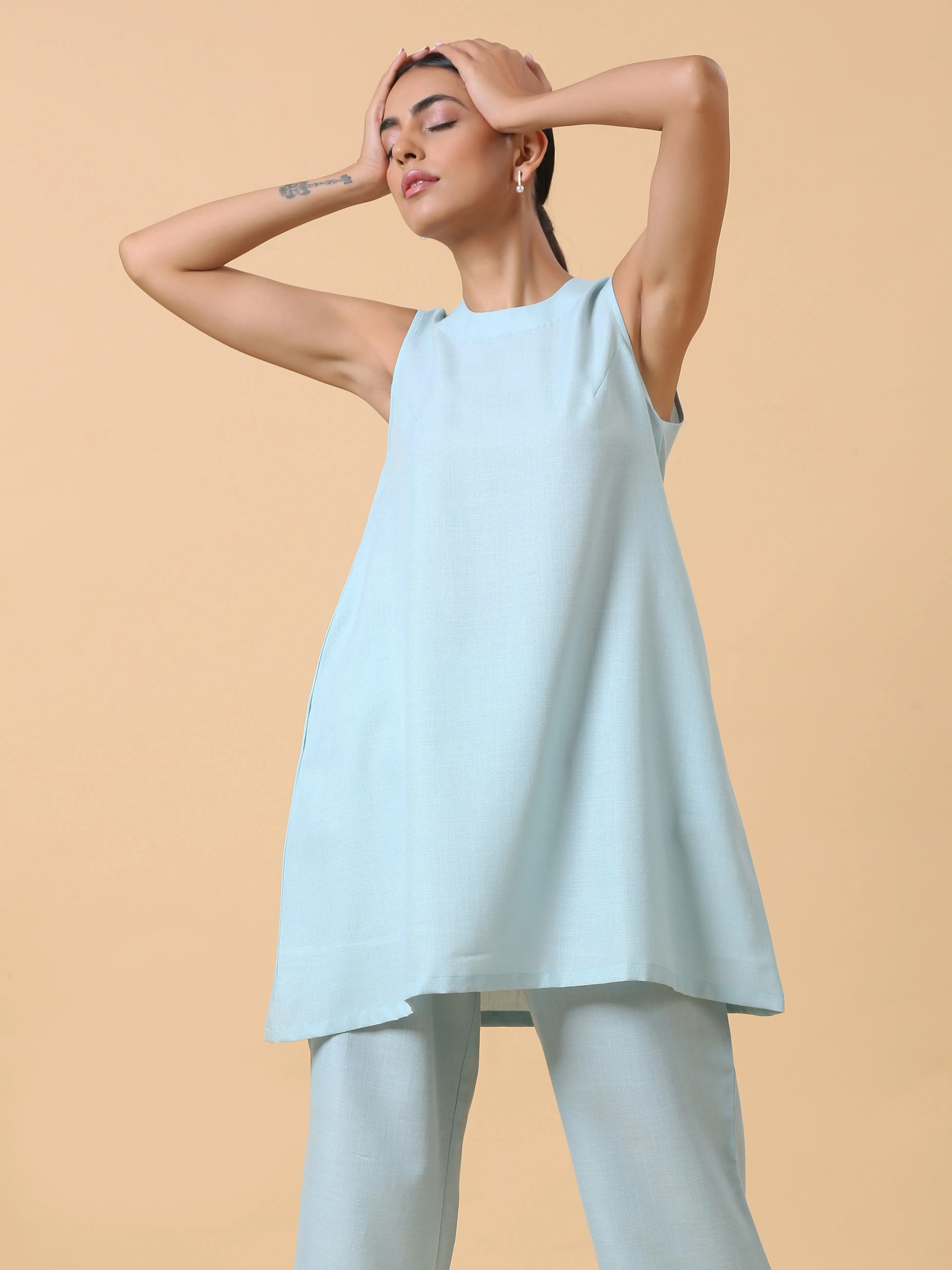 Cotton Linen Light Blue Sleeveless Co-Ord Set