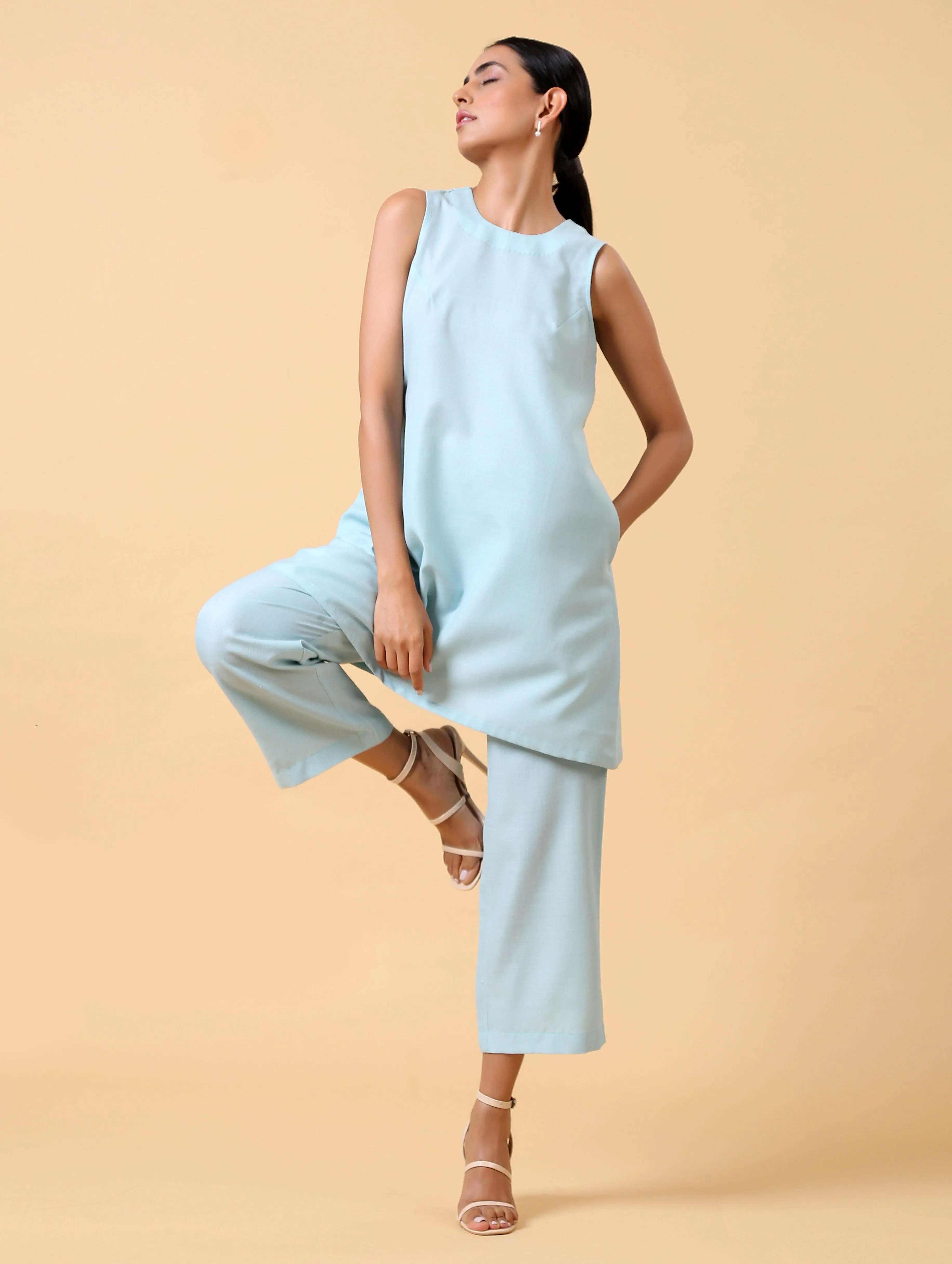 Cotton Linen Light Blue Sleeveless Co-Ord Set