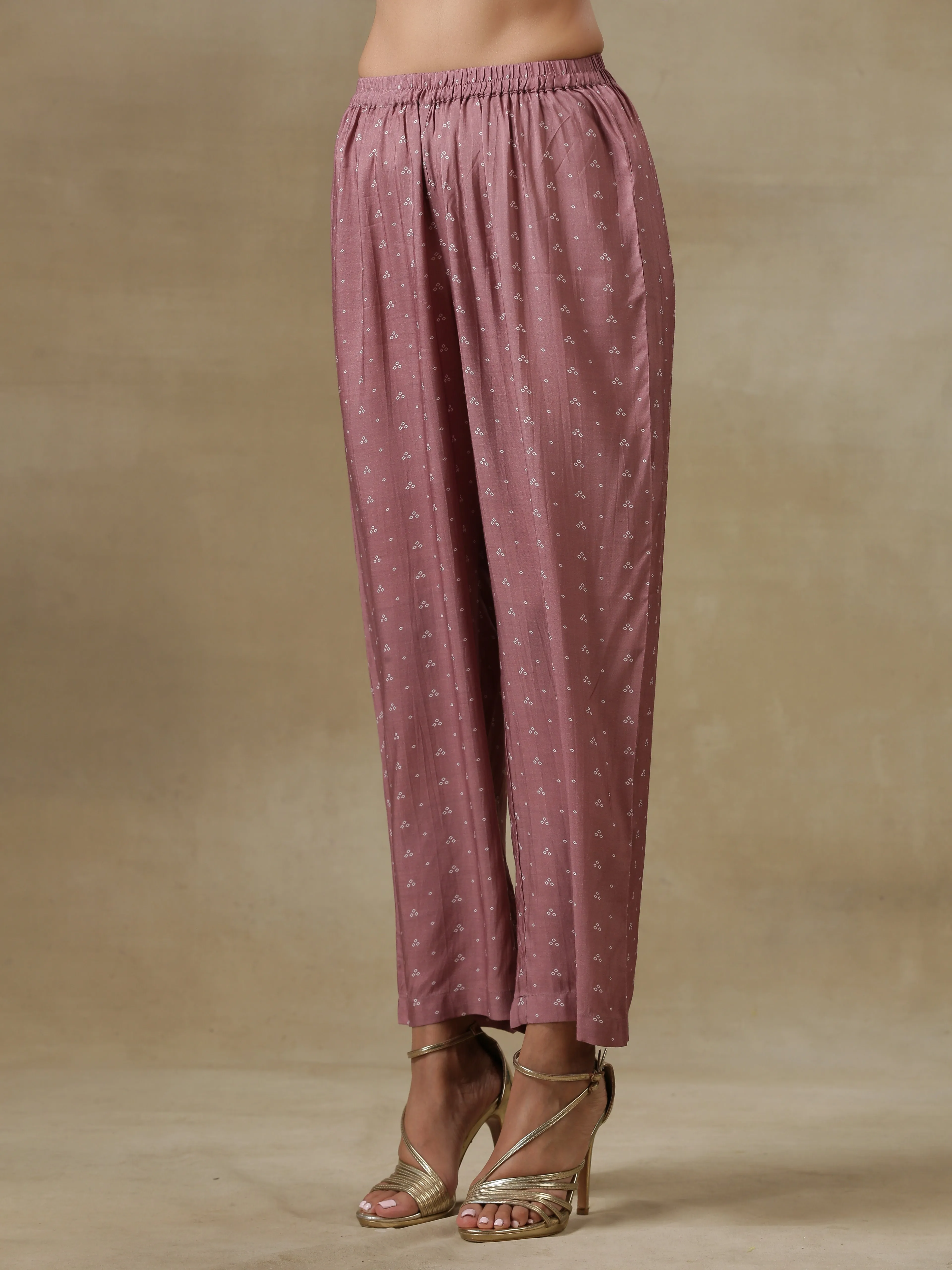 Dark Mauve Bandhani Printed Silk Front Slit Kurta Pant Set