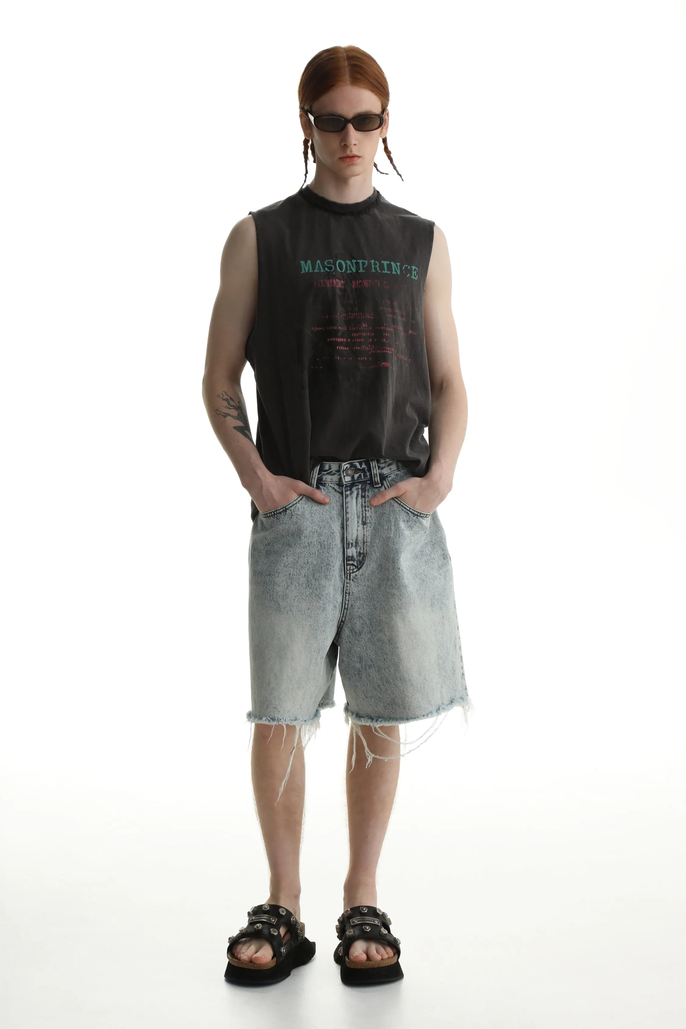 Faded Raw Edge Denim Shorts & Jeans Set