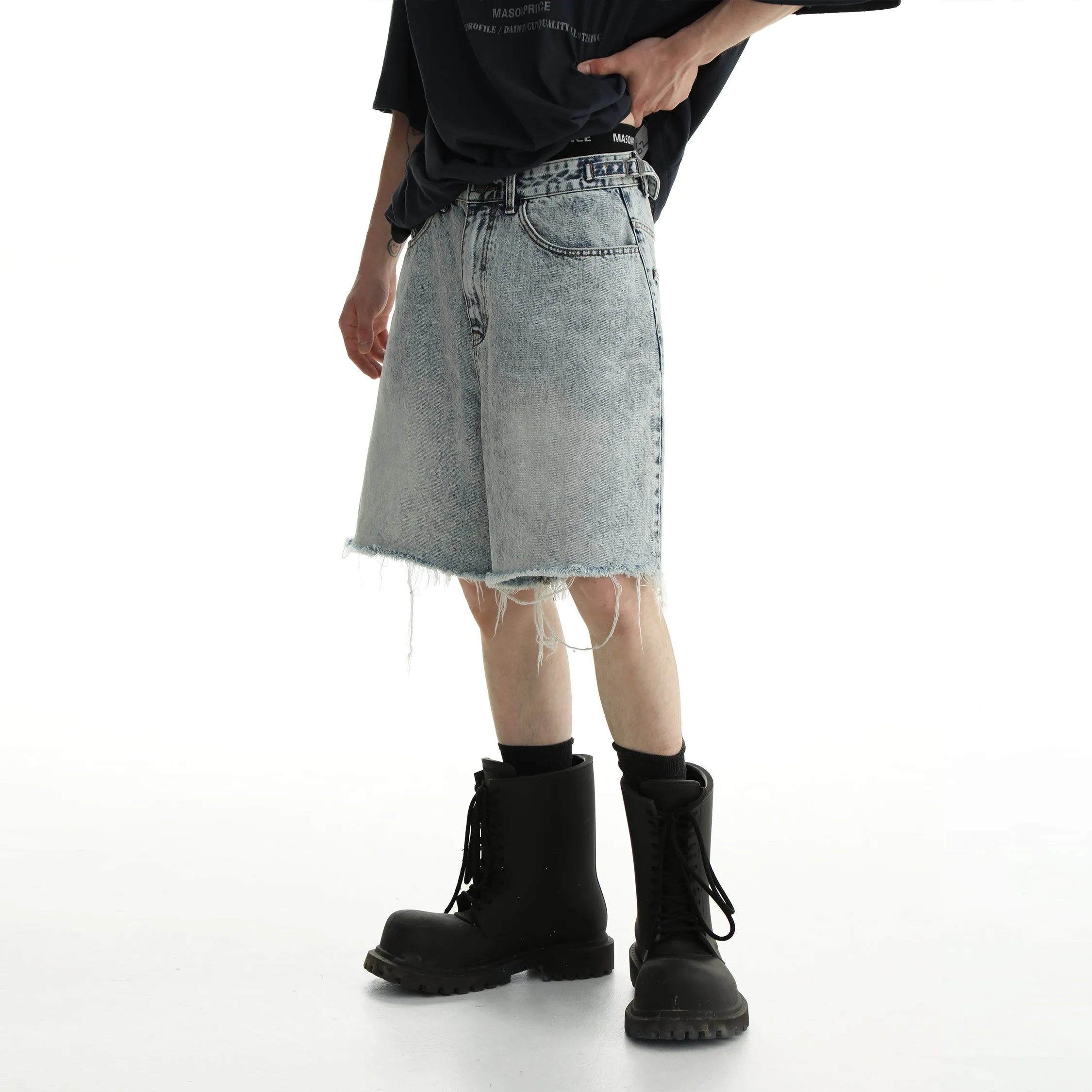 Faded Raw Edge Denim Shorts & Jeans Set