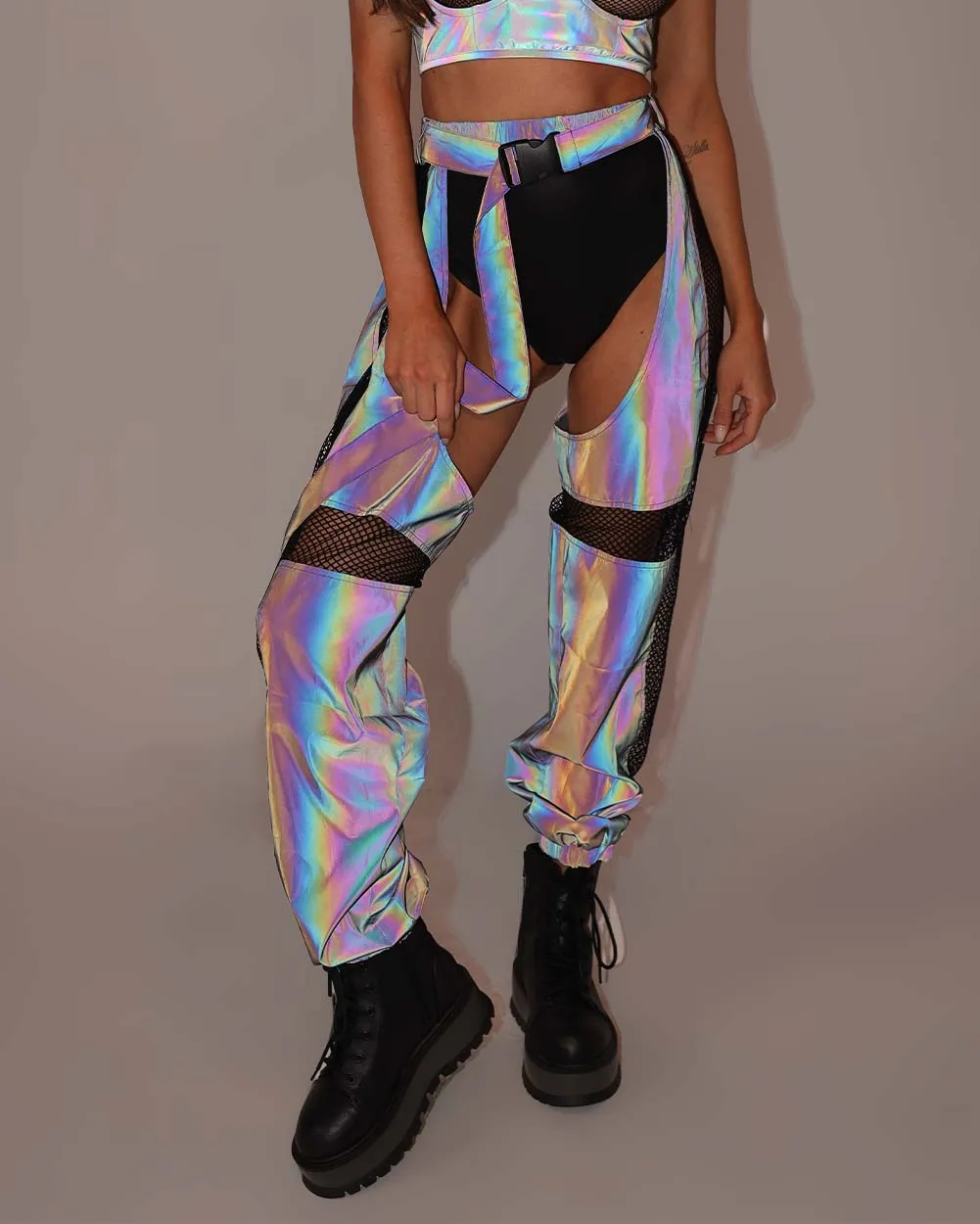 False Alarm Fishnet Rainbow Reflective Chaps