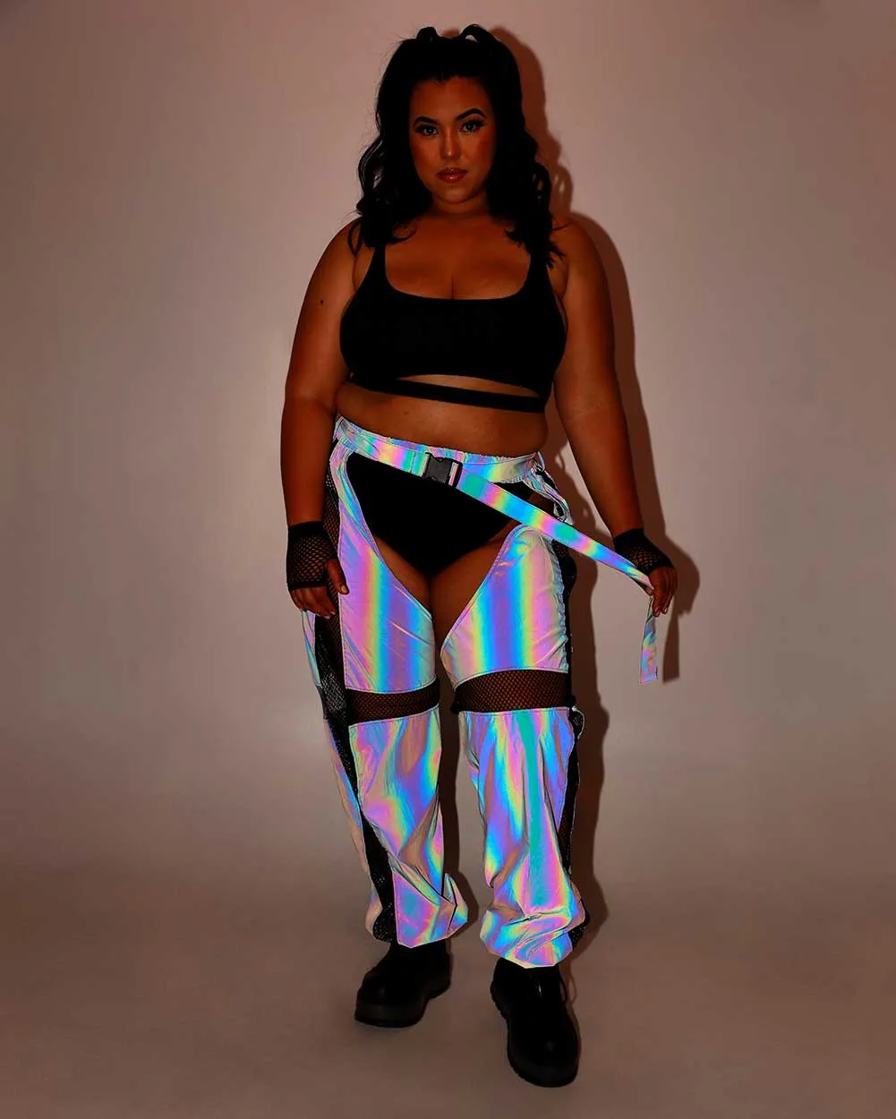 False Alarm Fishnet Rainbow Reflective Chaps