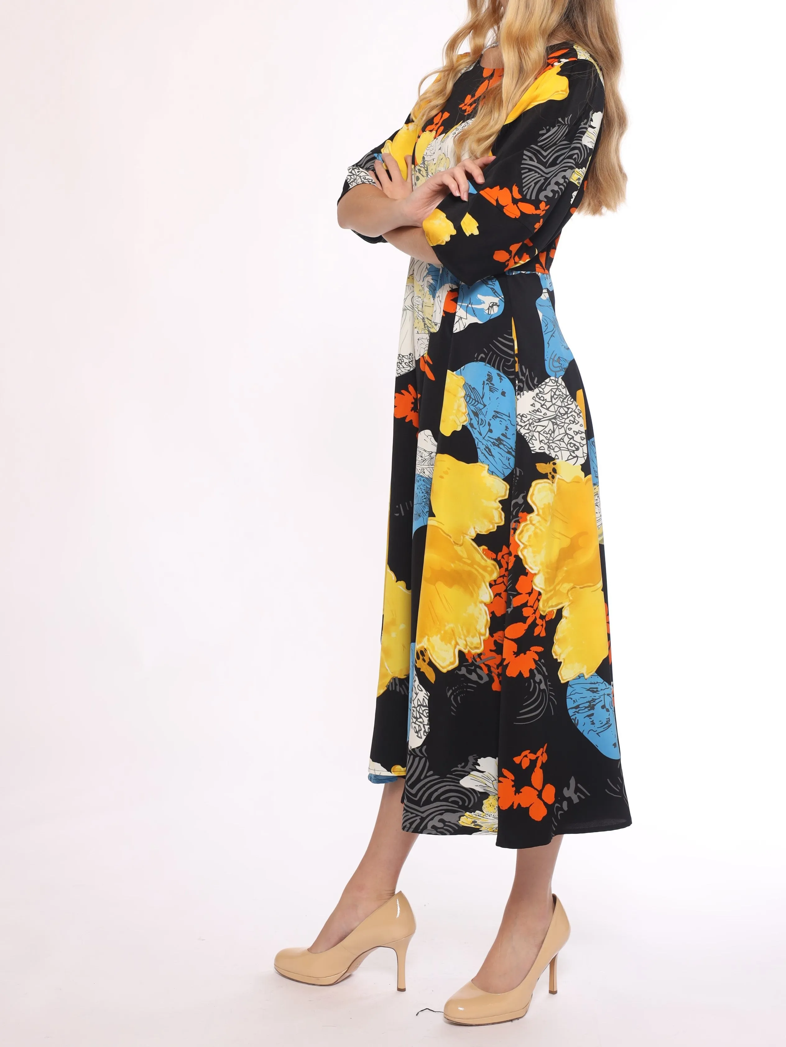 Fitted Waist Flower Print Dress