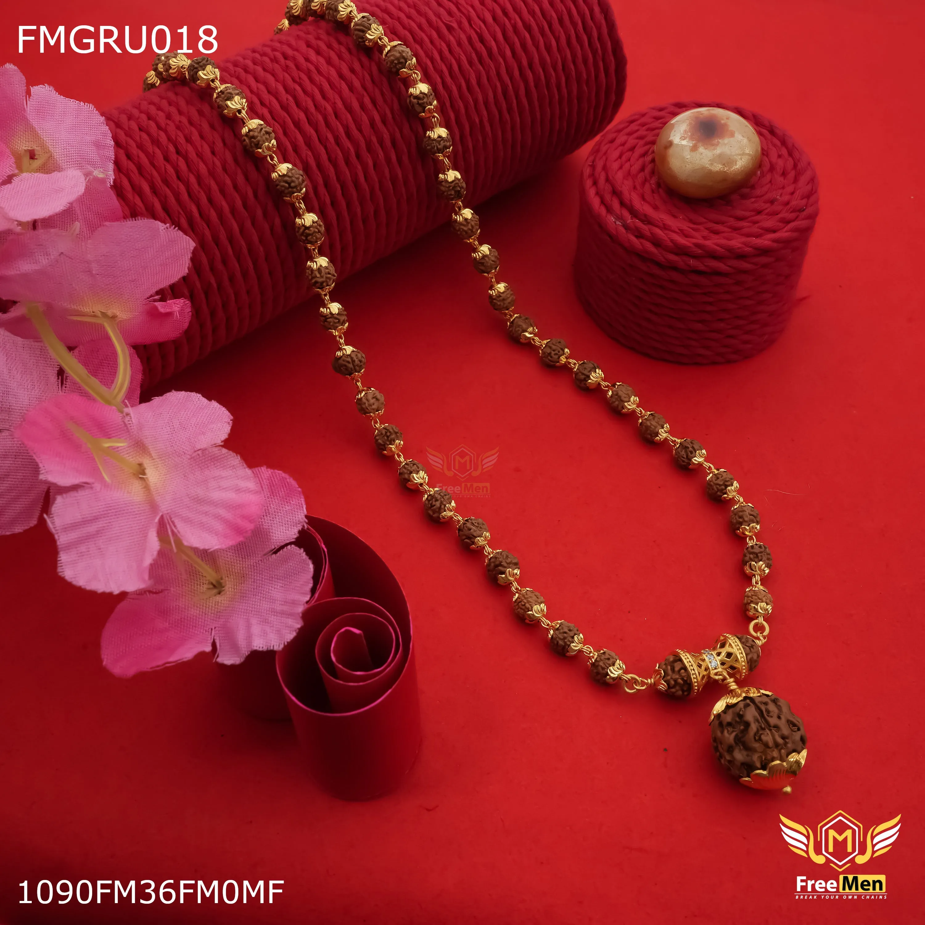 Freemen Brown Rudraksha with big rudra pendent Mala for Man - FMGRU018