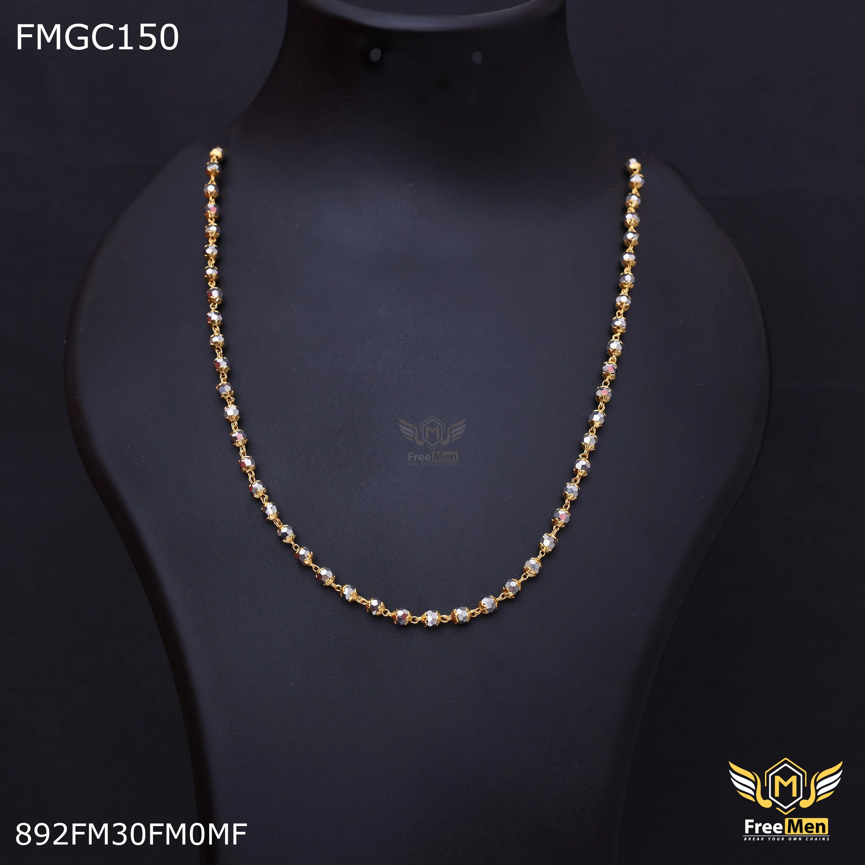 Freemen Gold Plated Black moti Chain for Men - FMGC150