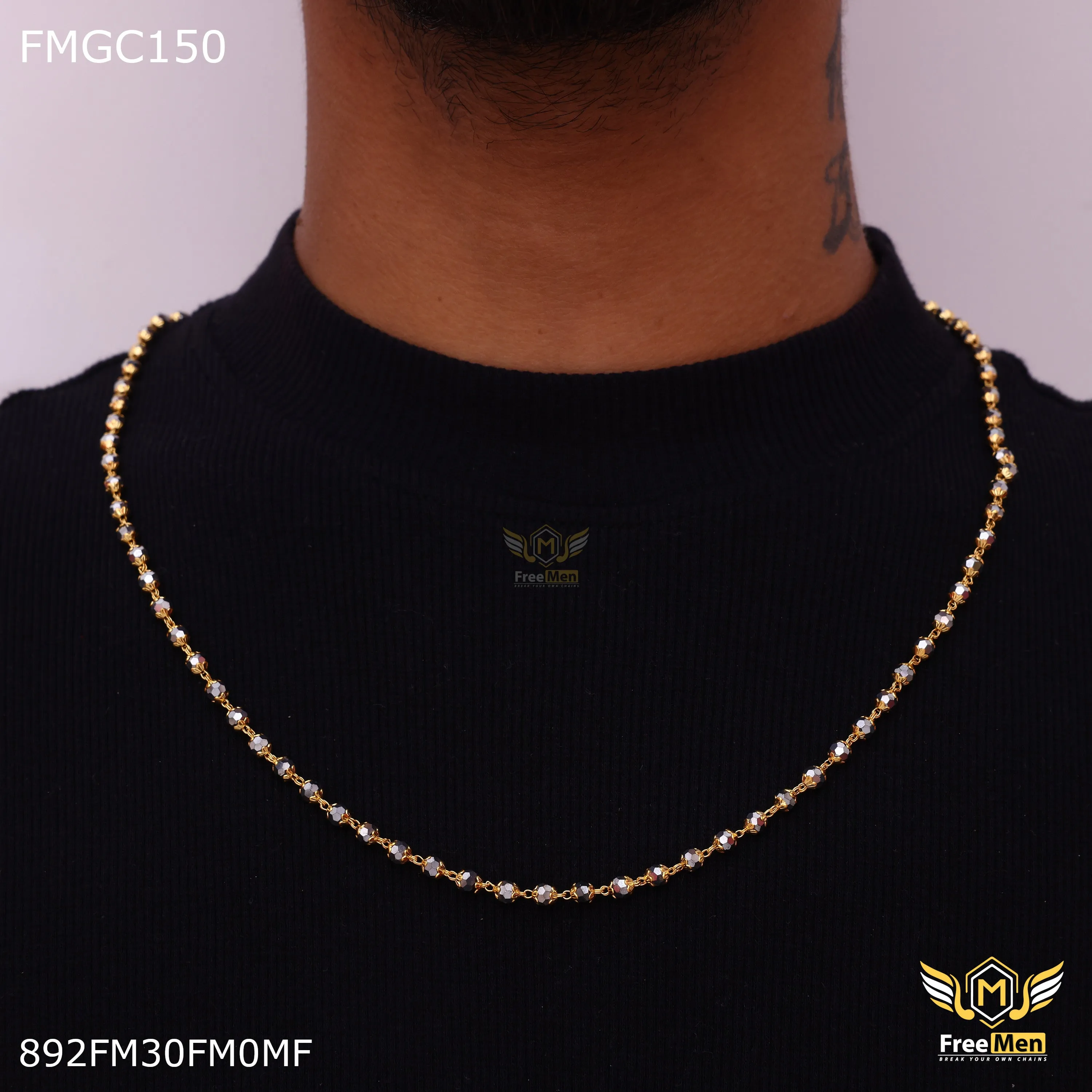 Freemen Gold Plated Black moti Chain for Men - FMGC150