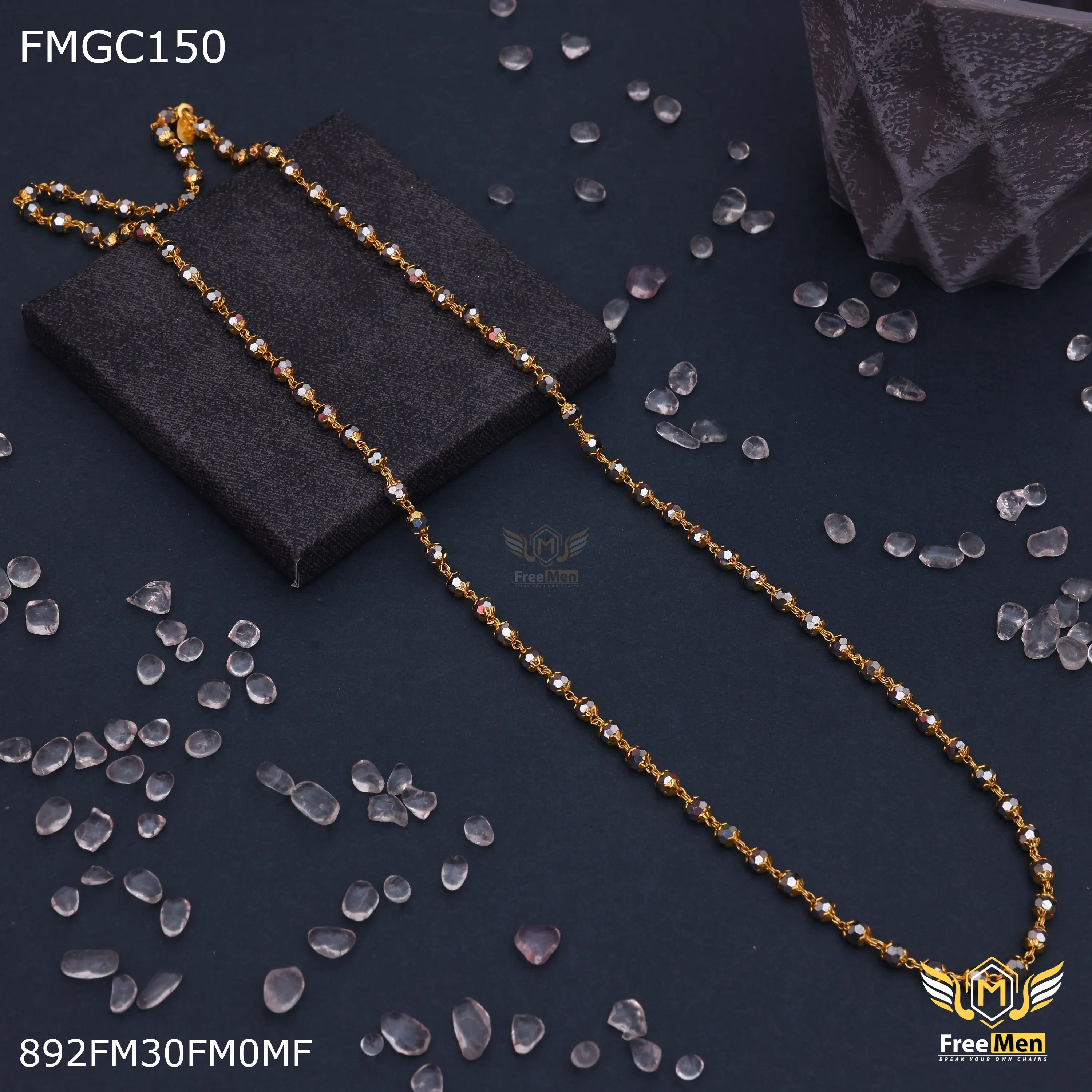 Freemen Gold Plated Black moti Chain for Men - FMGC150