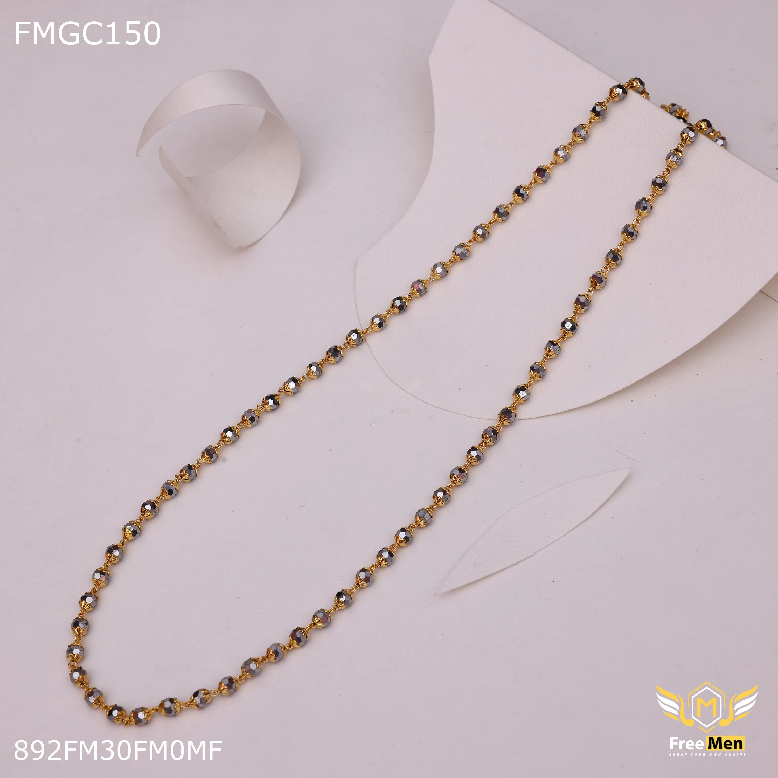 Freemen Gold Plated Black moti Chain for Men - FMGC150