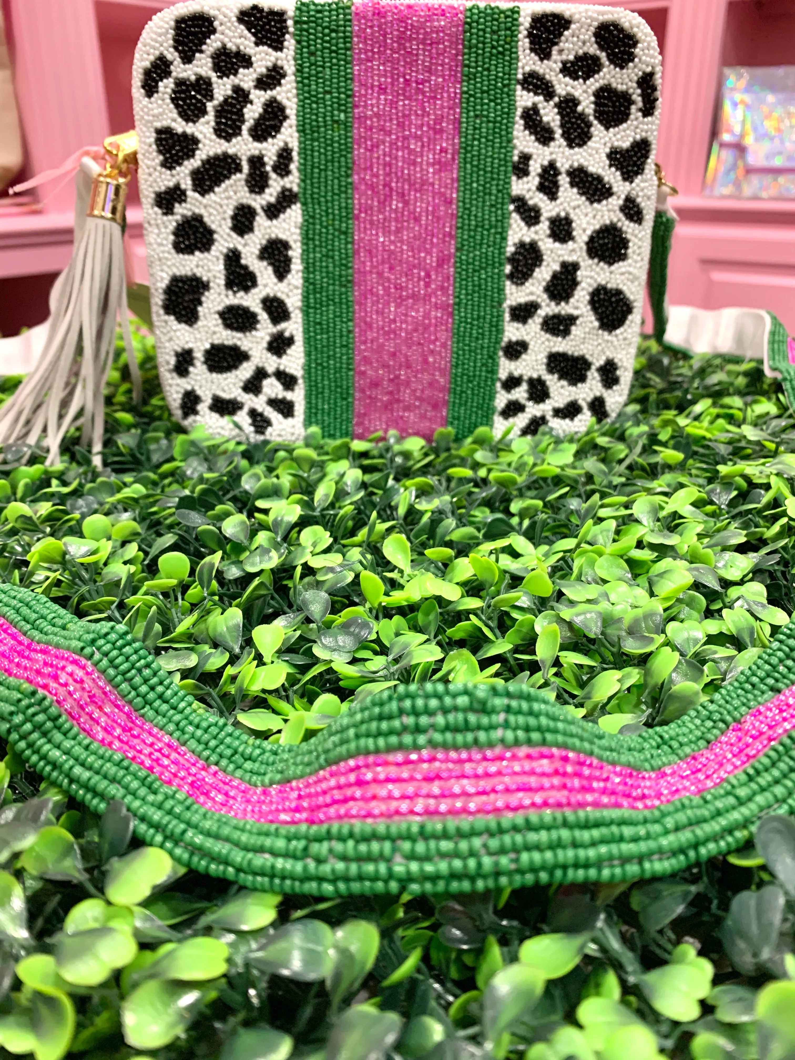 Glamfox - Green Pink Stripe Animal Print Beaded Crossbody