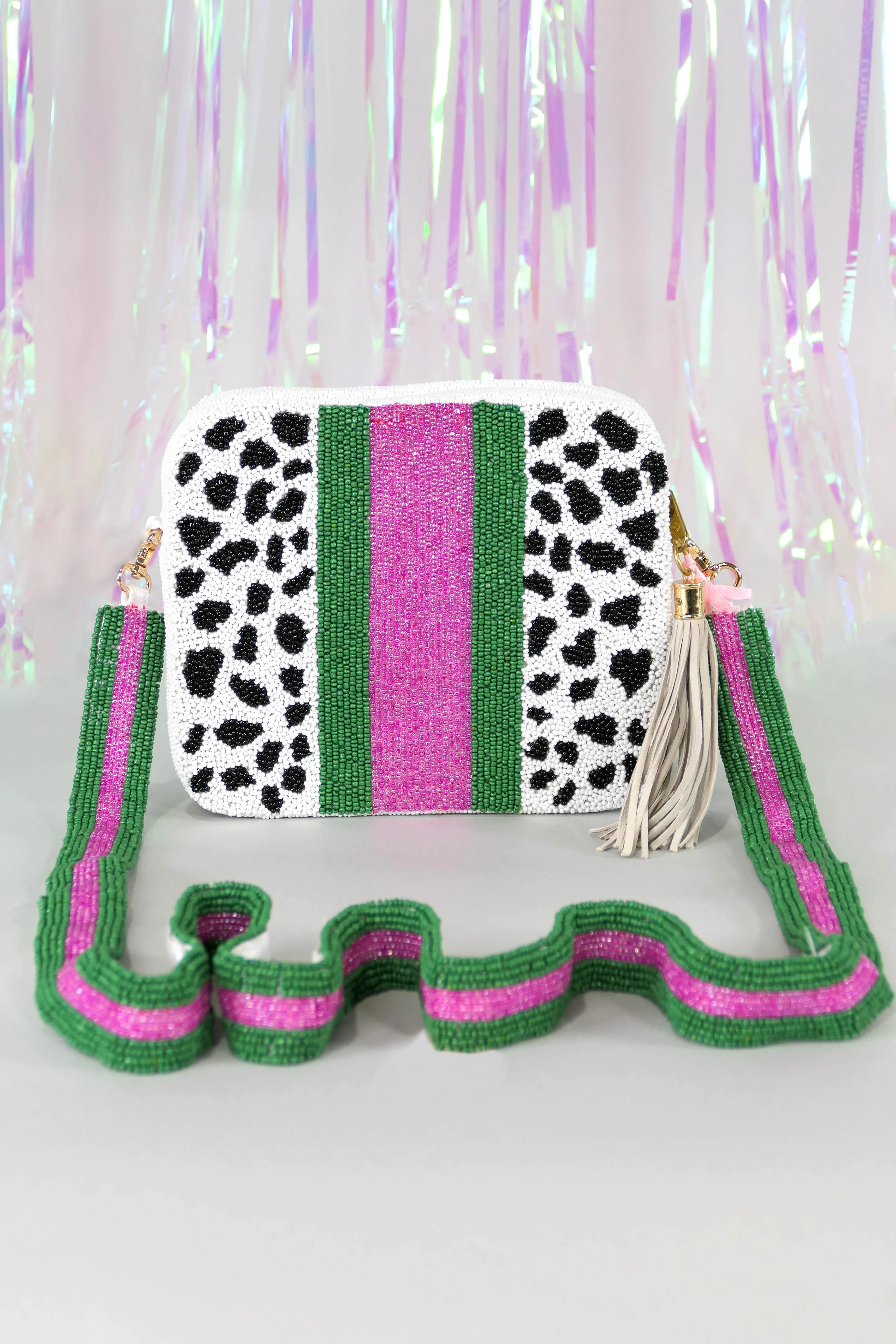 Glamfox - Green Pink Stripe Animal Print Beaded Crossbody