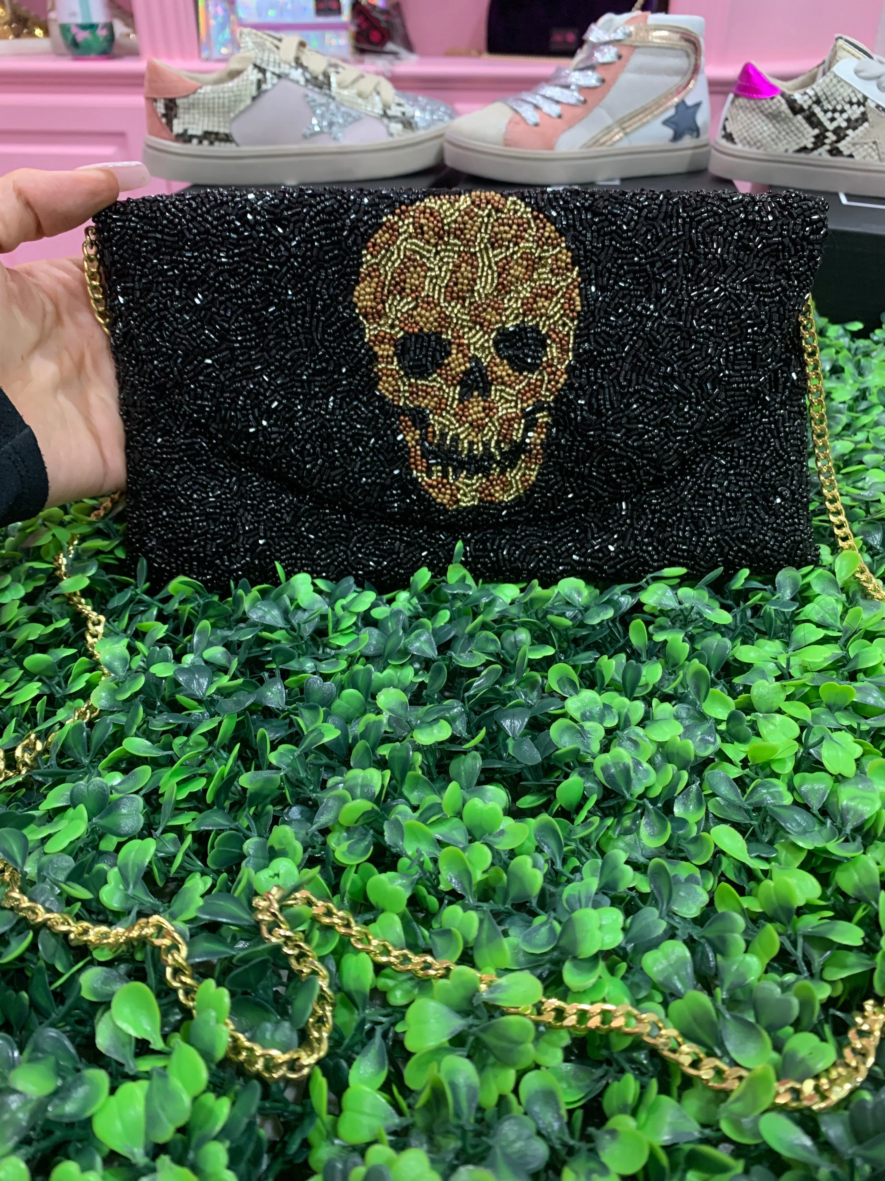 Glamfox - Skull Beaded Clutch Shoulder Length Bag