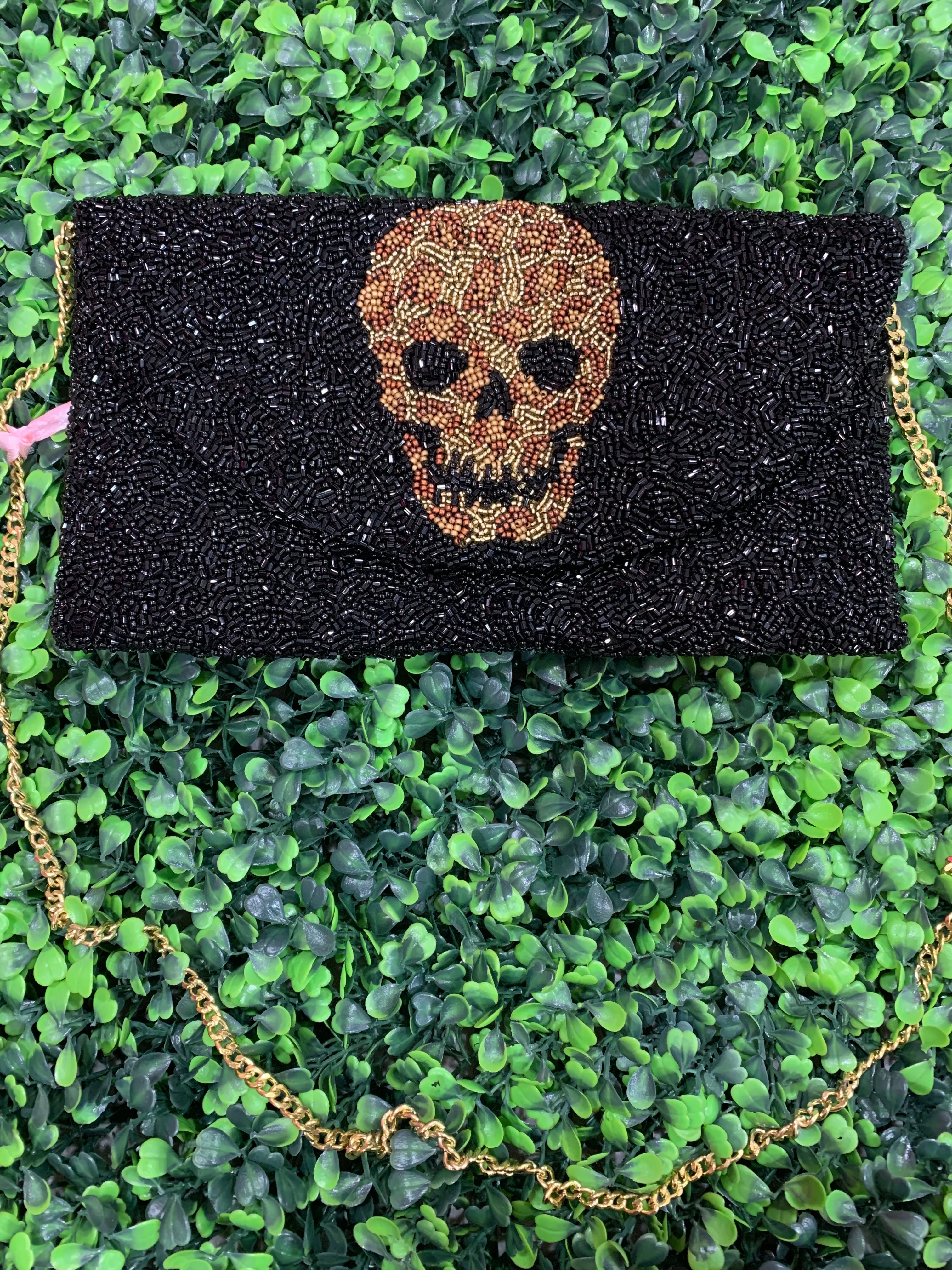 Glamfox - Skull Beaded Clutch Shoulder Length Bag