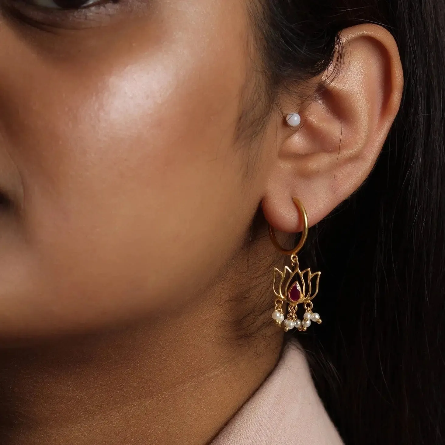 Gold Plated Lotus Drop Bali Earrings