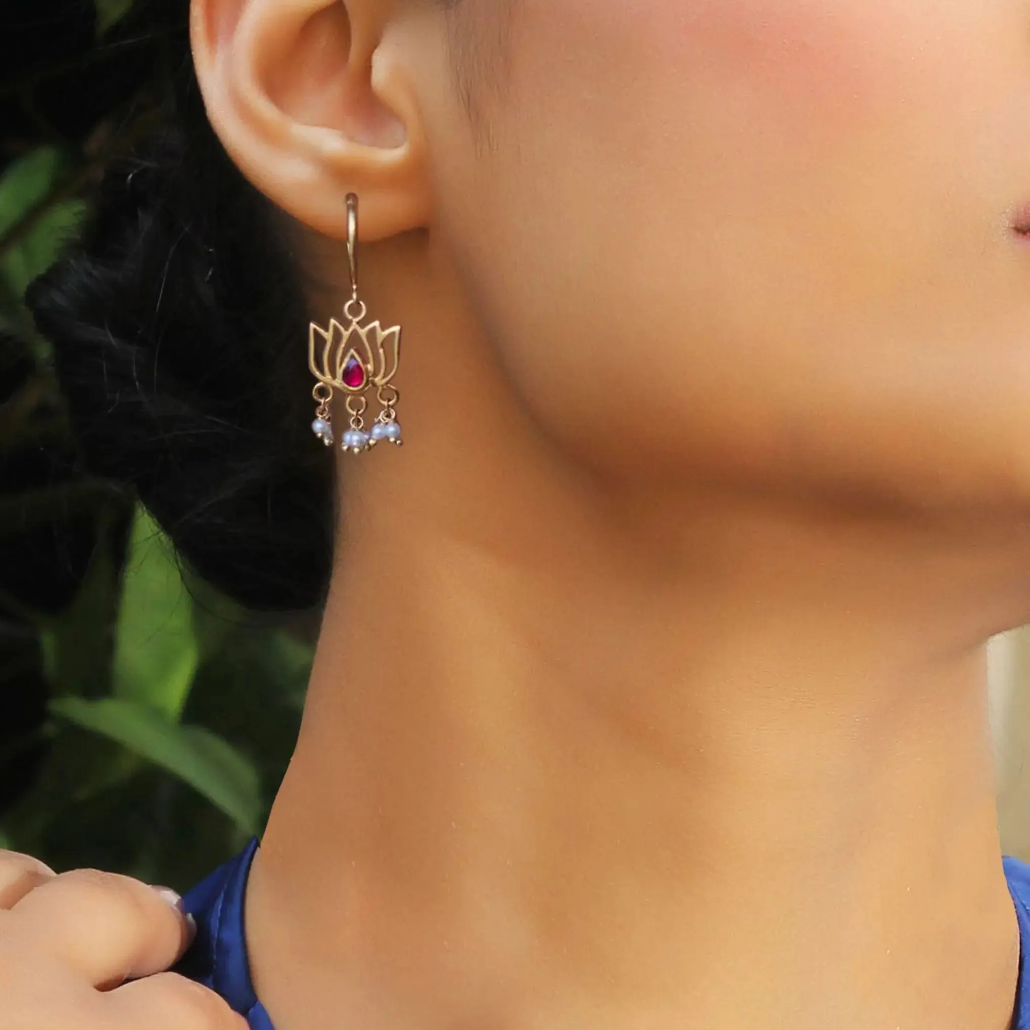 Gold Plated Lotus Drop Bali Earrings