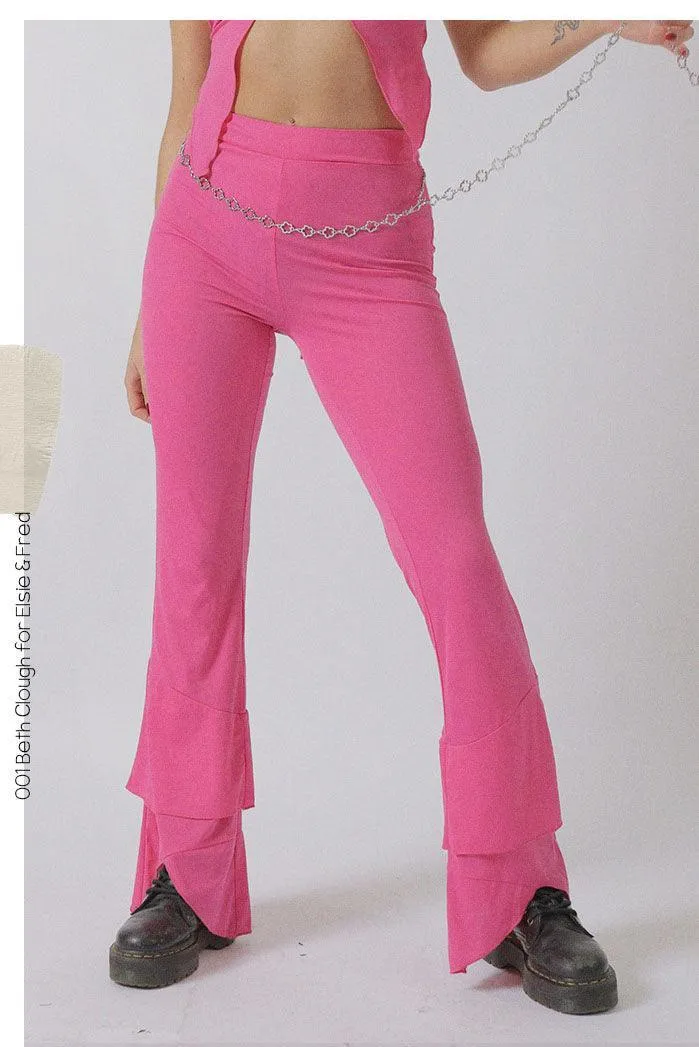 Ikon/Diva Y2k Fluted Flare Trouser in Hot Pink /w Belly Chain