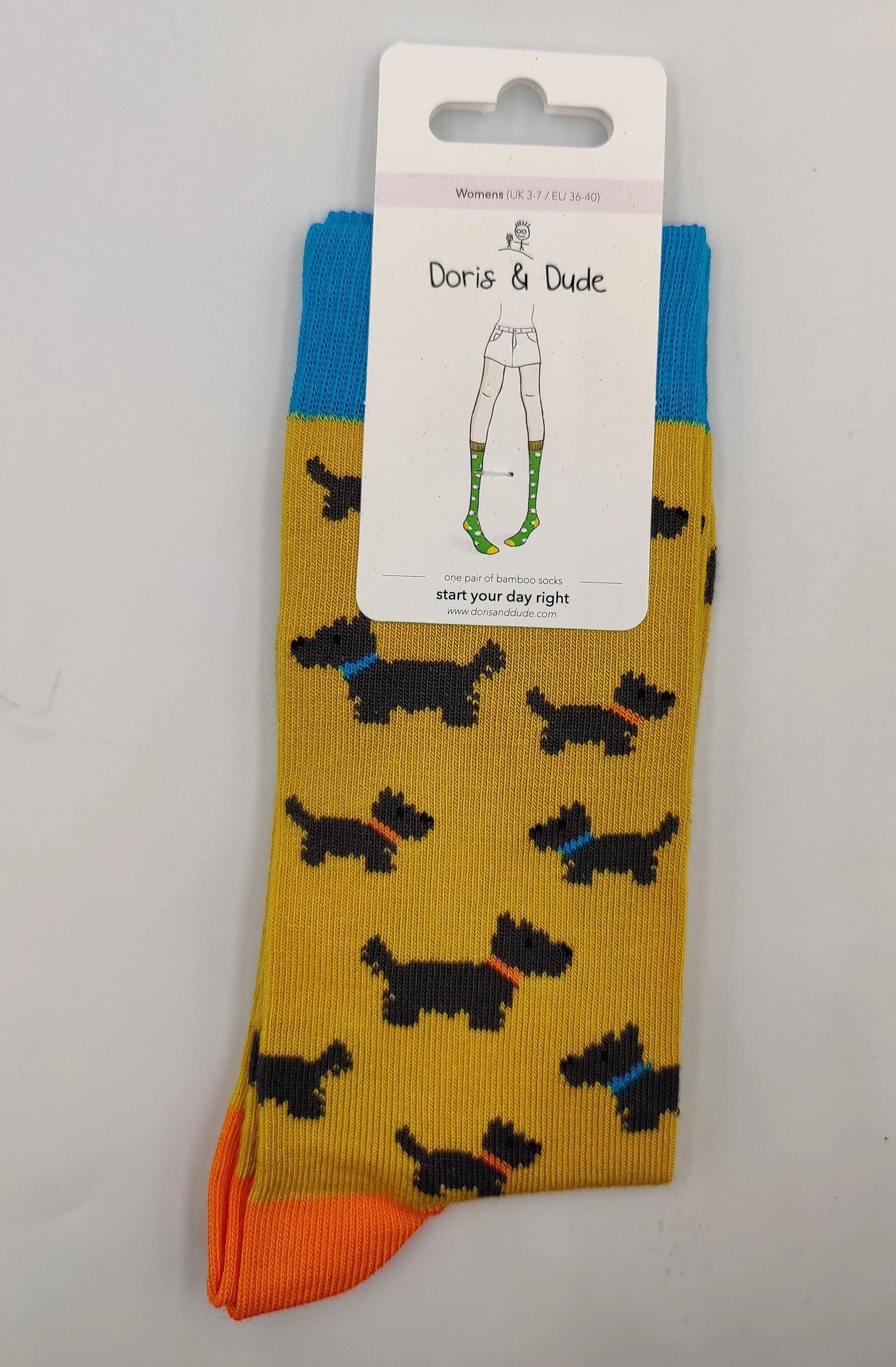 Ladies Bambo Socks Doris & Dude Dogs Mustard/Teal/Red 3-7UK