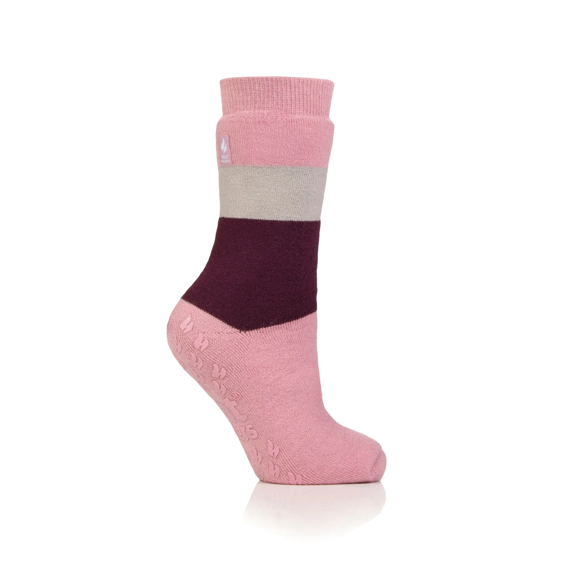 Ladies IOMI Dual Layer Raynaud's Slipper Socks - Block Stripe Rose Blush