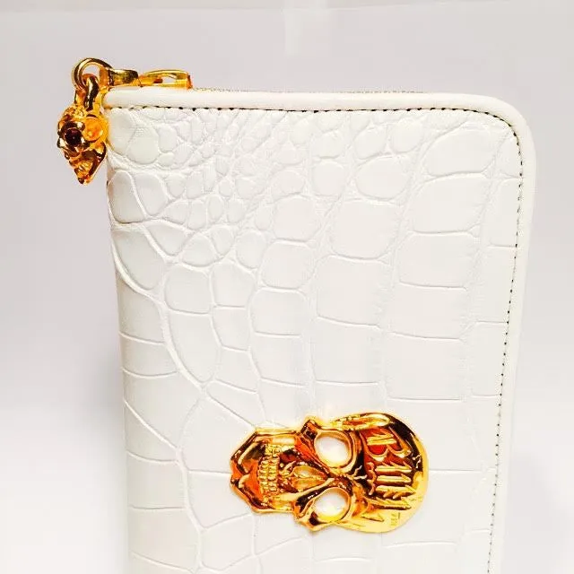 Large Zipper Wallet in White Shiny Crocodile Leather