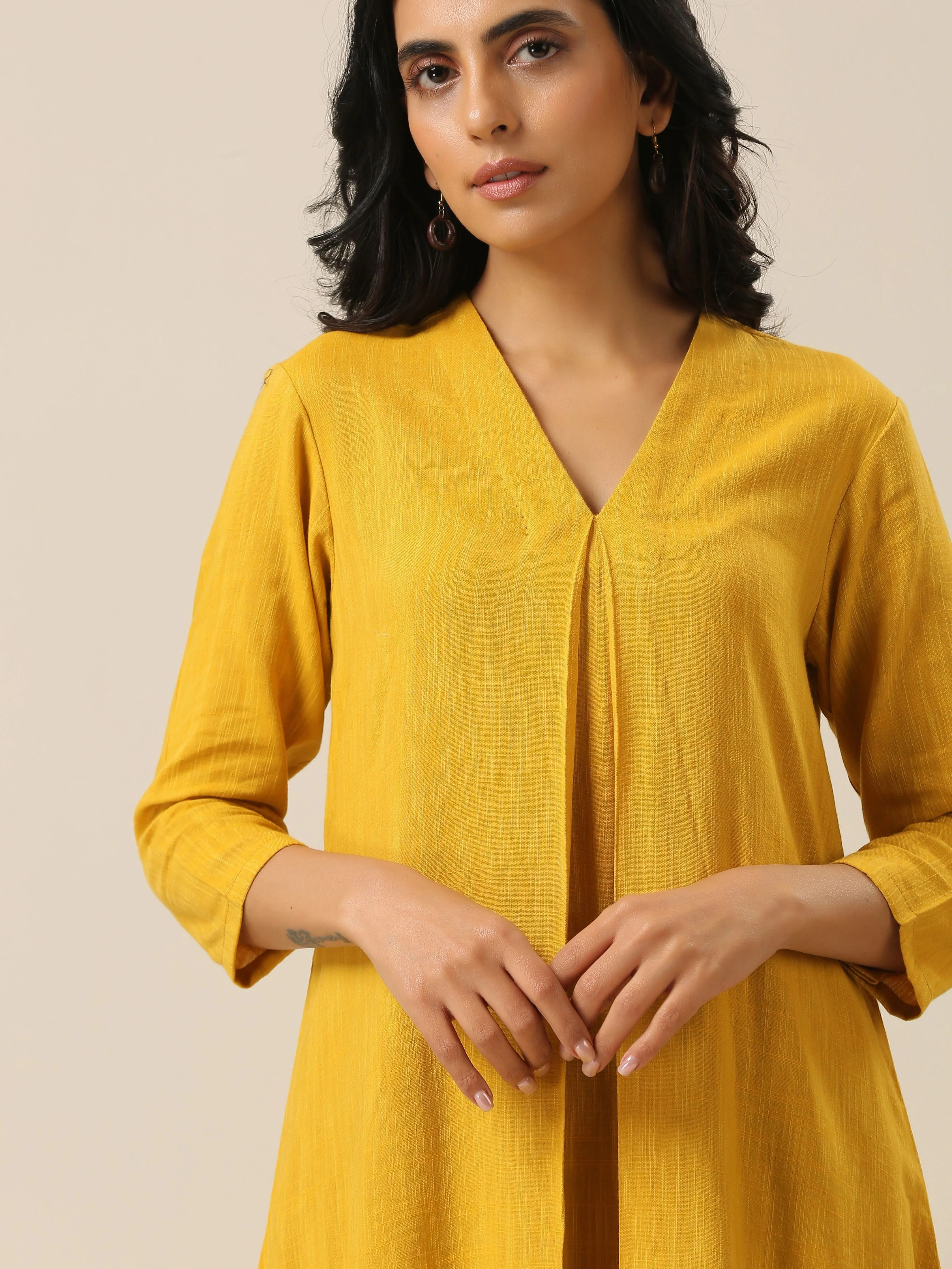 Mustard Yellow Slub Texture Neck Pleat Kurta Pant Set