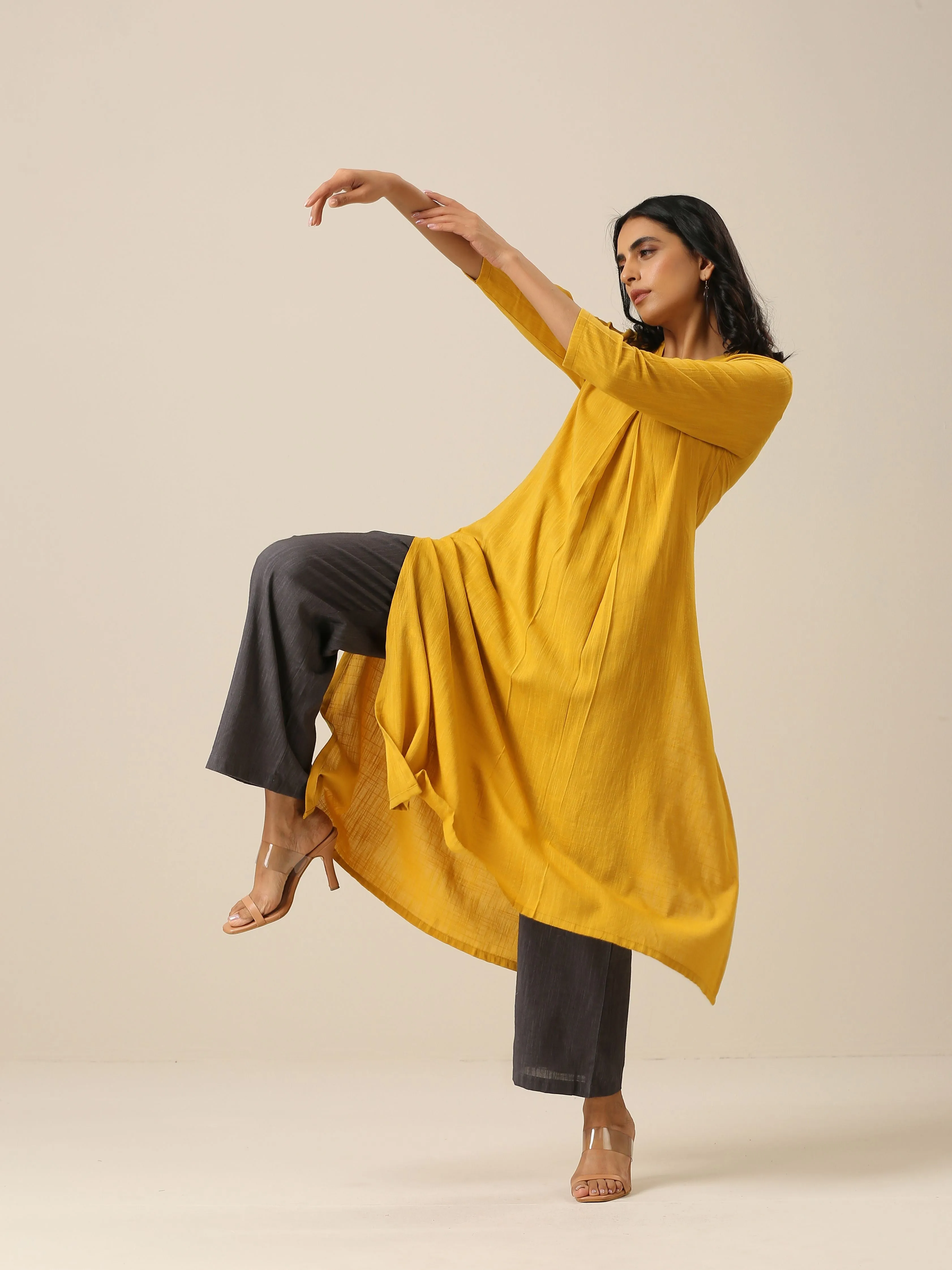 Mustard Yellow Slub Texture Neck Pleat Kurta Pant Set