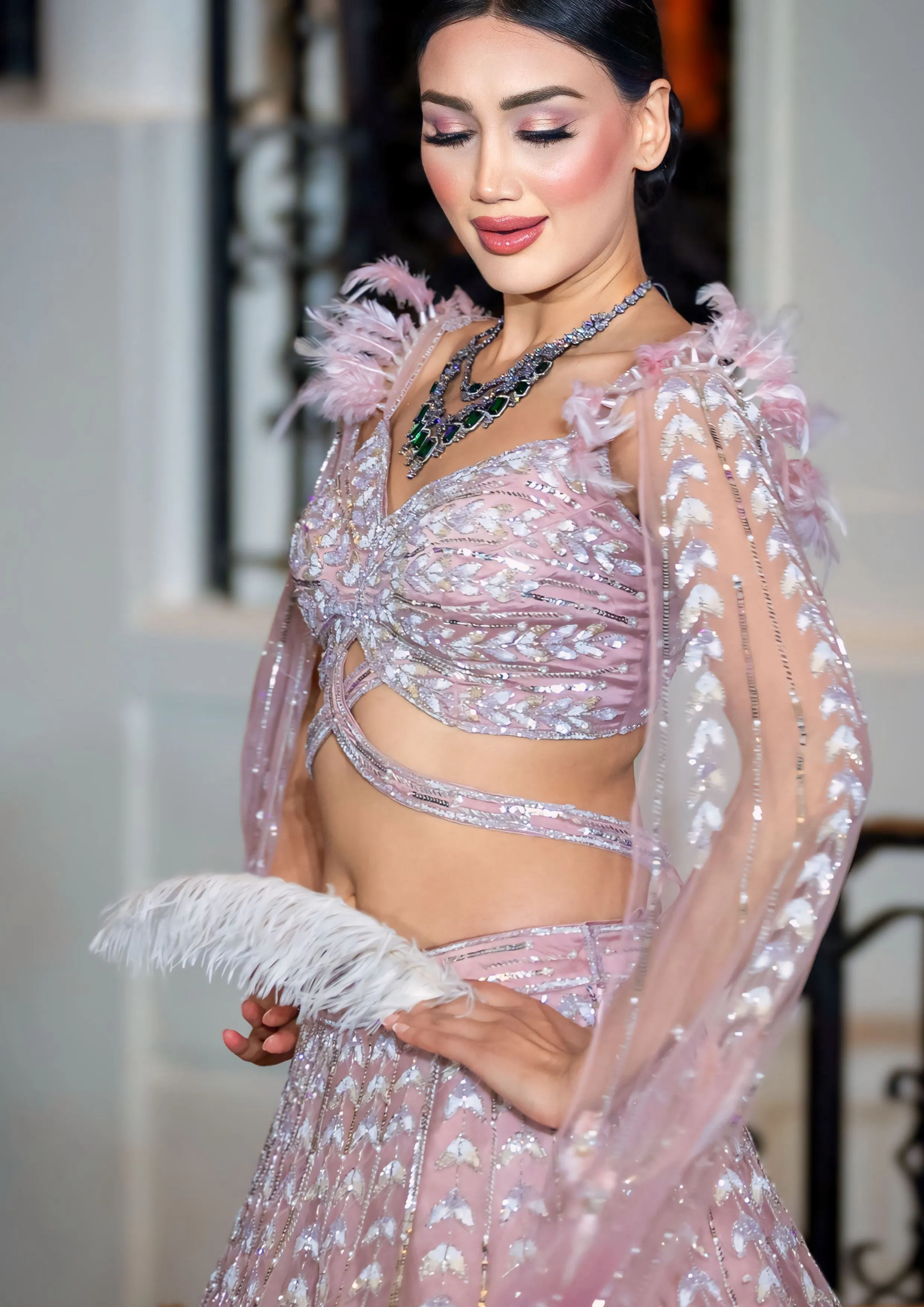 Pastel Pink Ombre Feather Sequins Embellished Bridal Partywear Lehenga