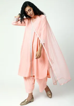 Peach Silver Laced Kurta- Ruffled Pant-Dupatta