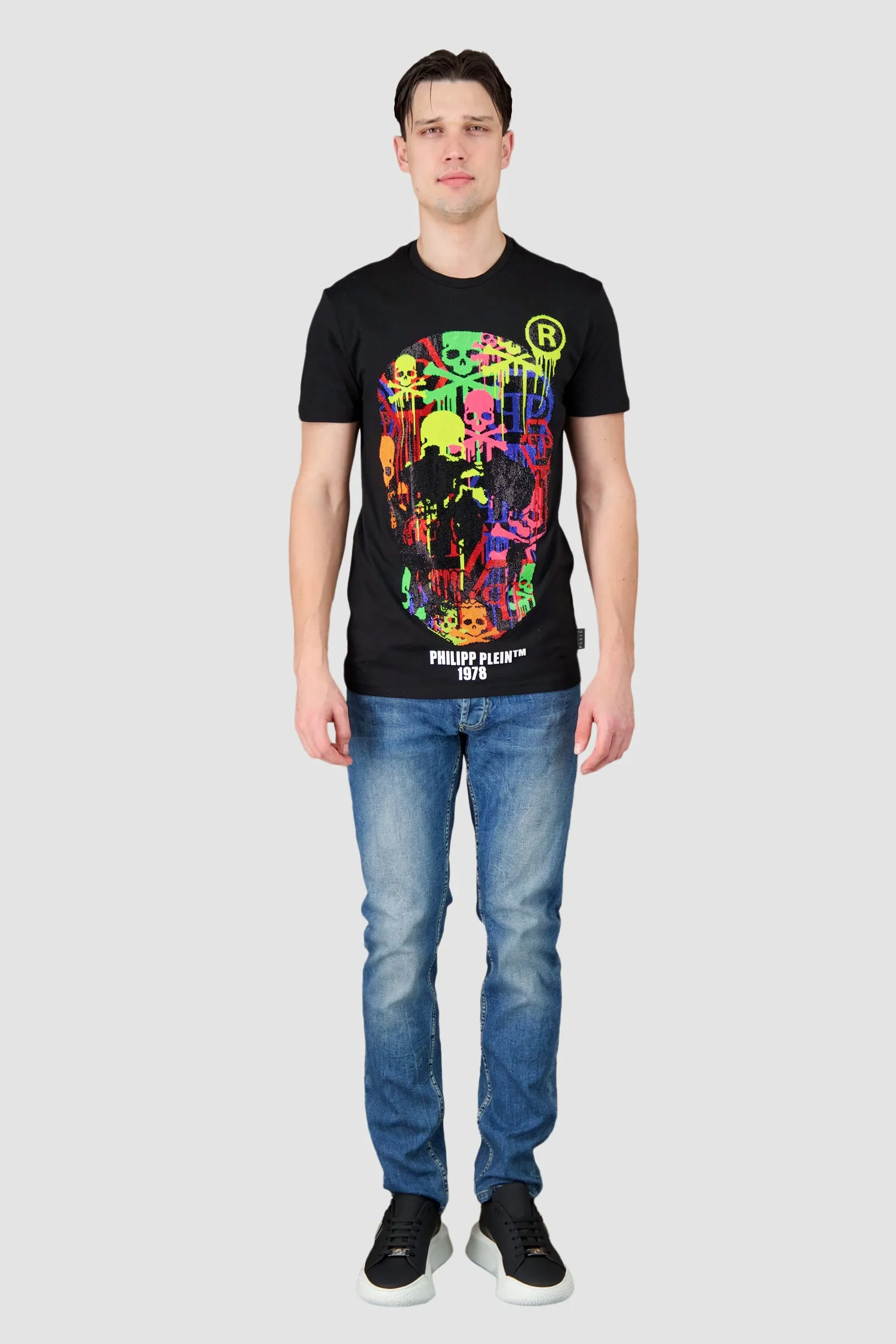 Philipp Plein Black Round Neck LS Skull Strass T-Shirt