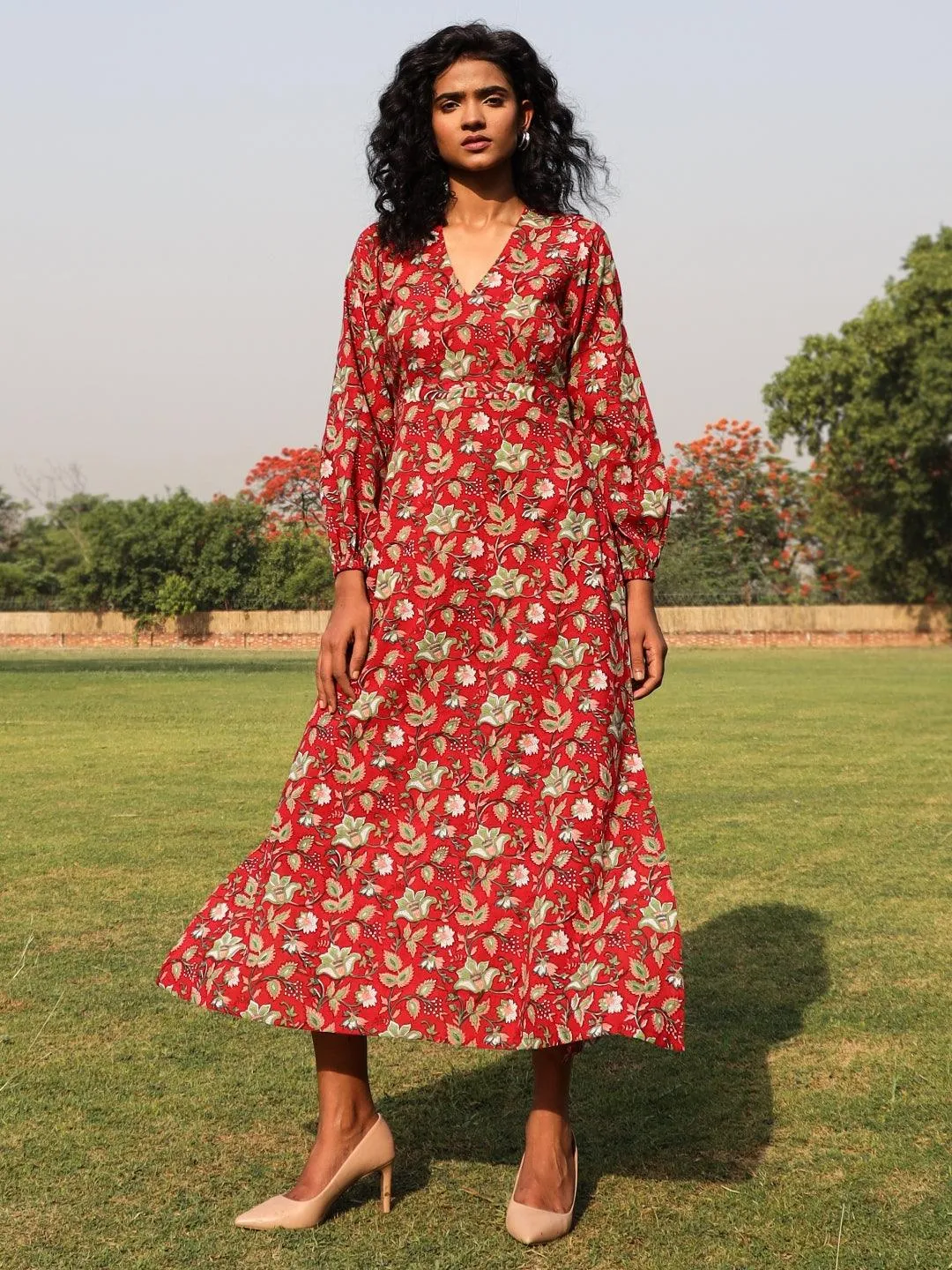 Red Cotton Block Print Backless Dress