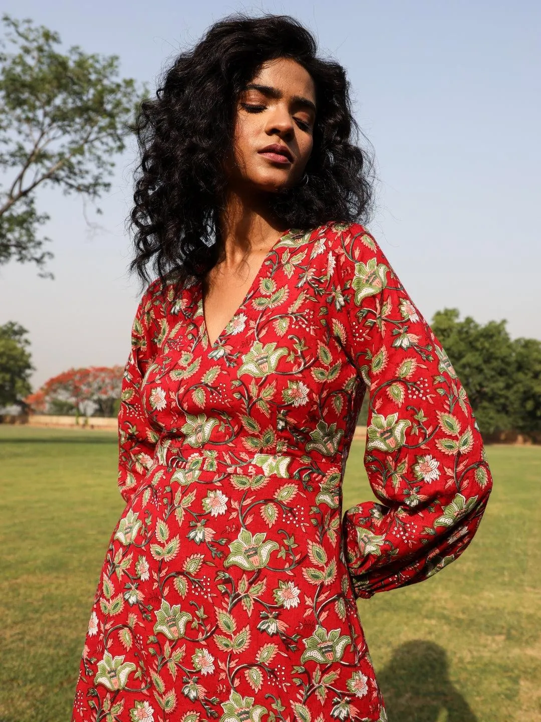 Red Cotton Block Print Backless Dress